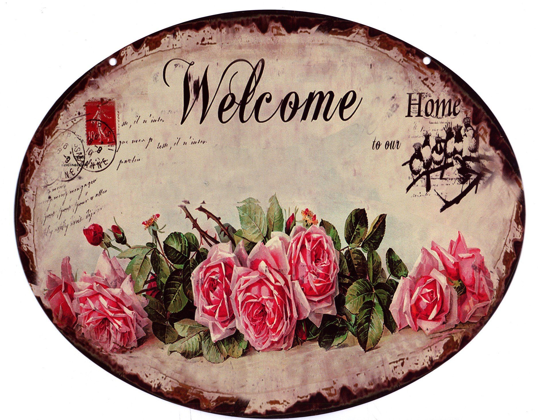 Metallschild Blechschild Welcome Home Rosen oval