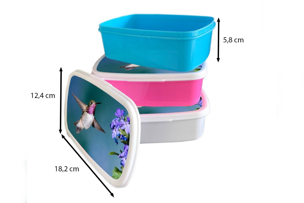 MuchoWow Lunchbox Kolibri - Snackbox, Kunststoff Brotdose Blau, für Erwachsene, Brotbox rosa Kinder, Mädchen, (2-tlg), Blume - Kunststoff