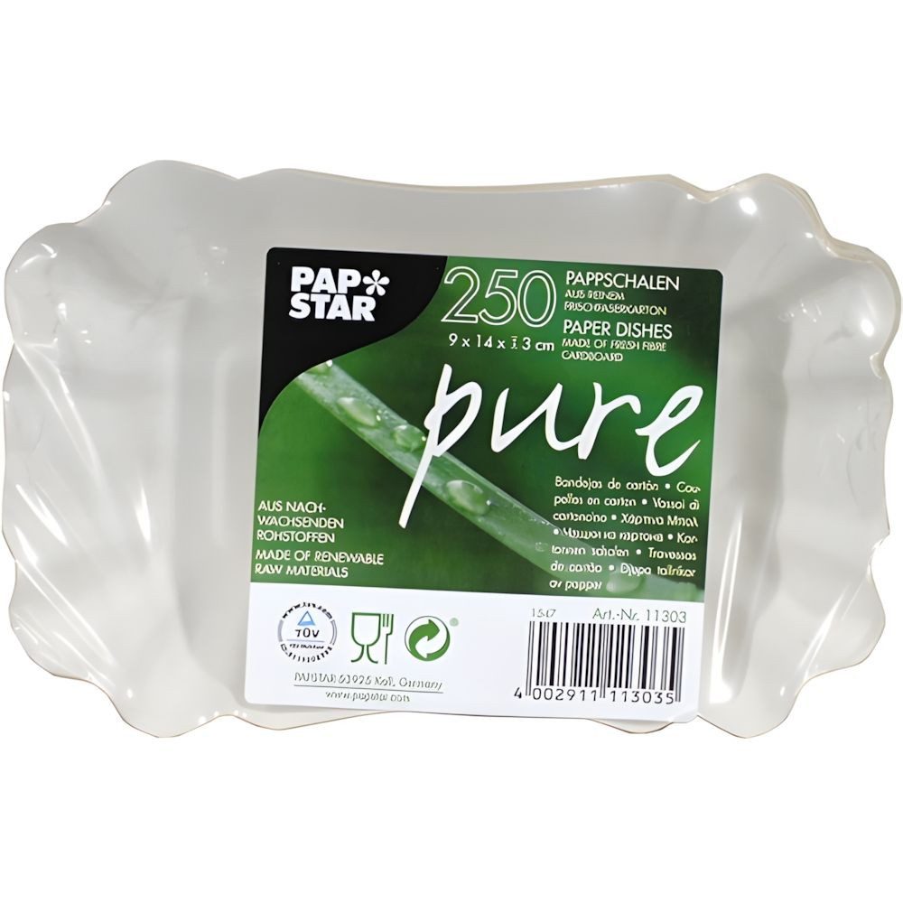PAPSTAR Einwegschale Schalen, Pappe pure eckig 9 cm x 14 cm x 3 cm weiss 250 Stk, Pappe aus Frischfaser
