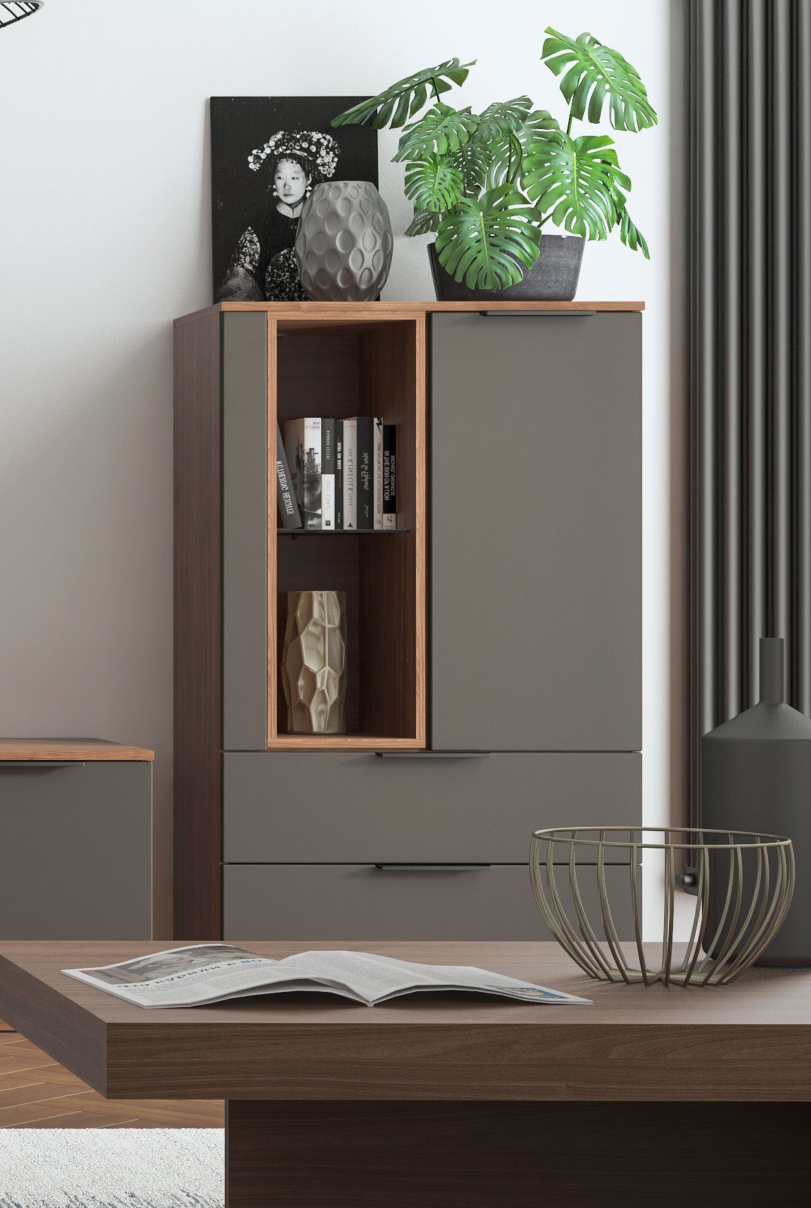 Feldmann-Wohnen Highboard Alicante (mit 1 Tür, 1 offenem Fach, mit 2 Schubladen, 1 St., moderne Optik, Soft-Close-Tür, Metallgriffe), 76cm walnussfarben / schwarzgrau