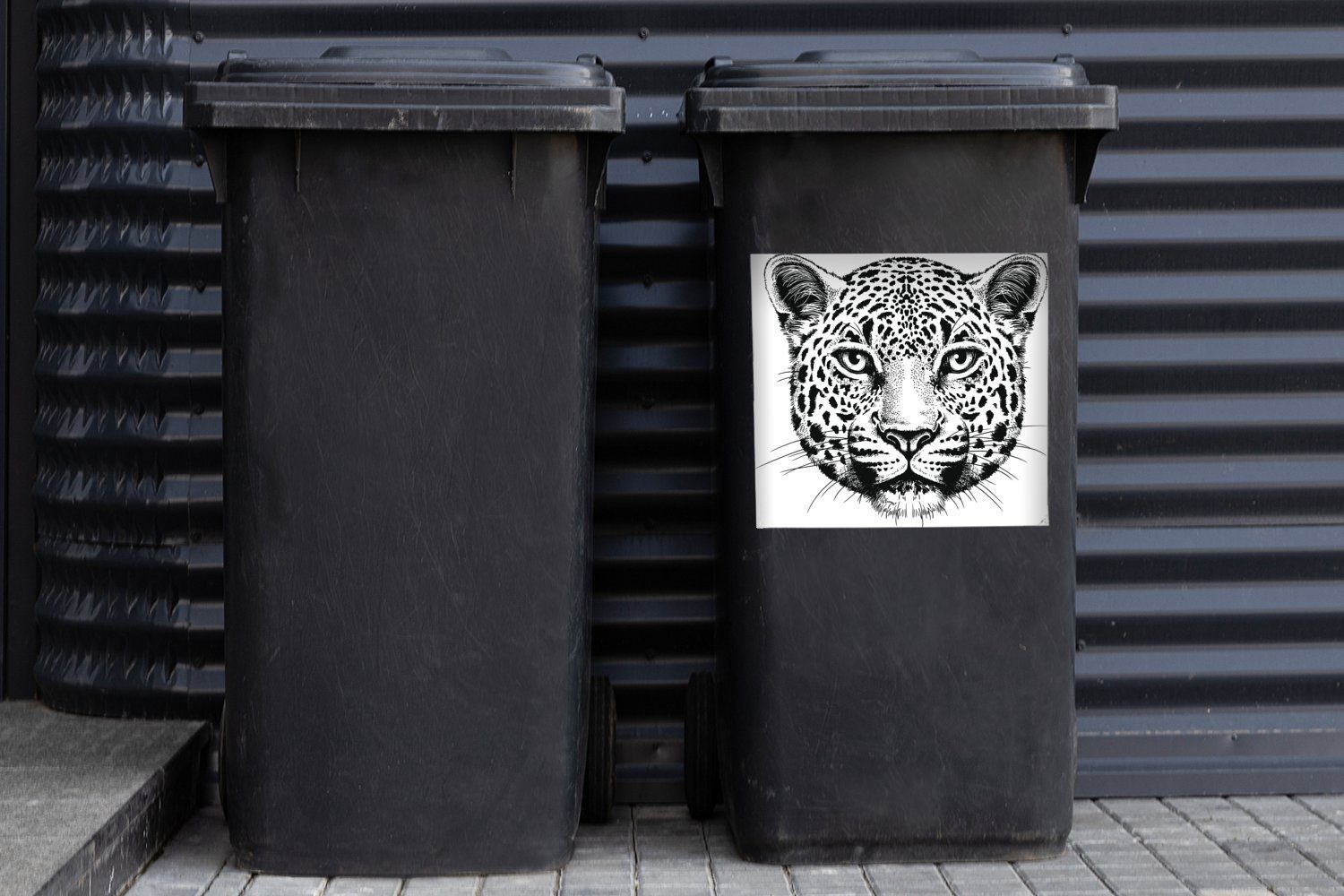 Schwarz Illustration - Panther (1 Sticker, Mülltonne, MuchoWow Container, Mülleimer-aufkleber, St), - Abfalbehälter Weiß Wandsticker -