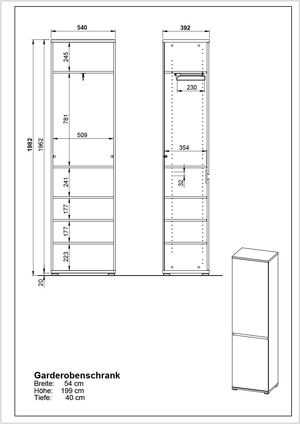Einlegeböden Tür (BxHxT: mit Garderobenschrank 5 54x200x40 hellbraun möbelando in einer und 401 cm)
