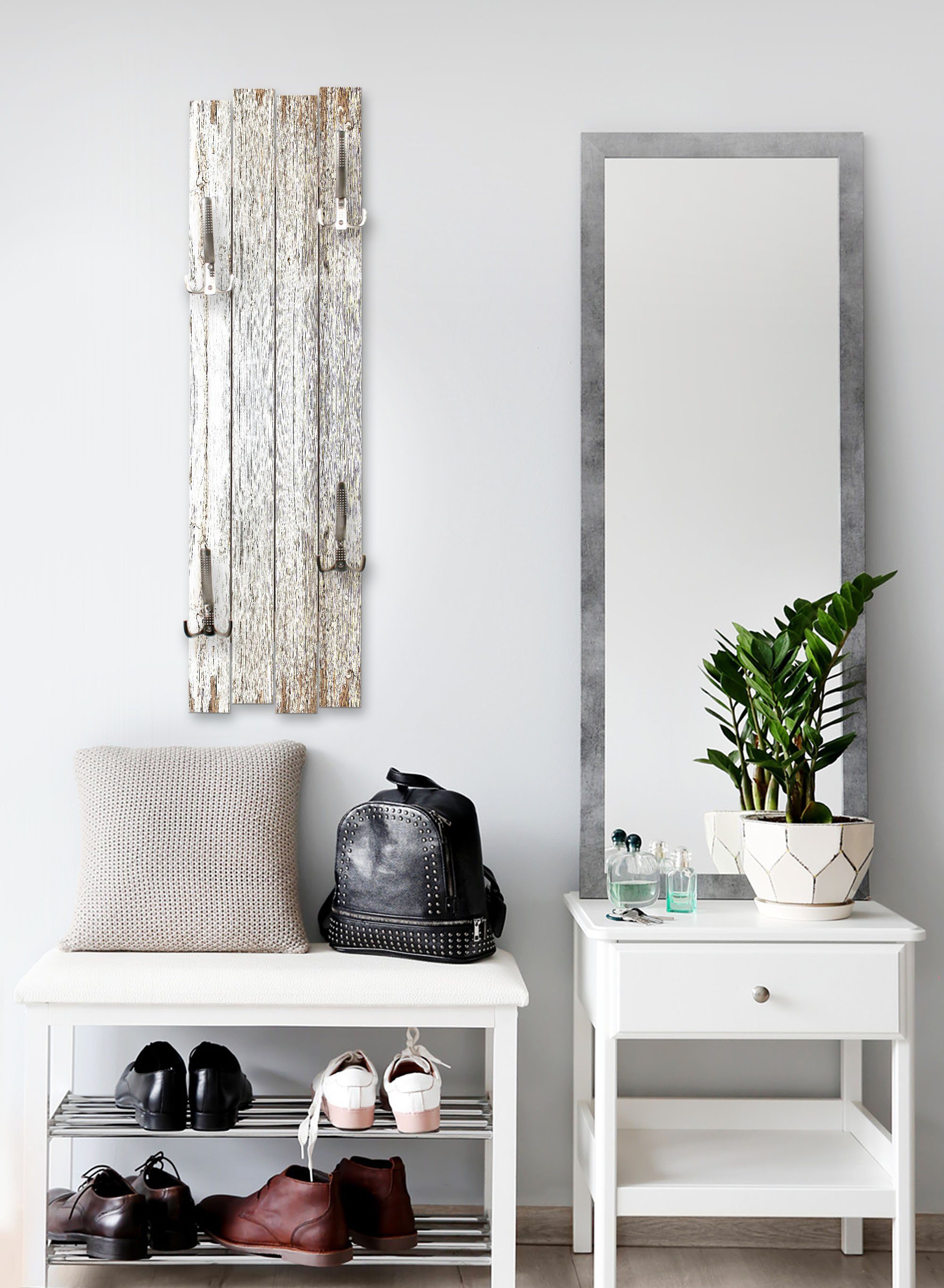 Kreative Feder Wandgarderobe Wand-Garderobe „Altes Holz Weiß“ aus Holz, Shabby-Chic; ca. 100 x 30 cm; mit 4 Haken; außergewöhnlich, modern