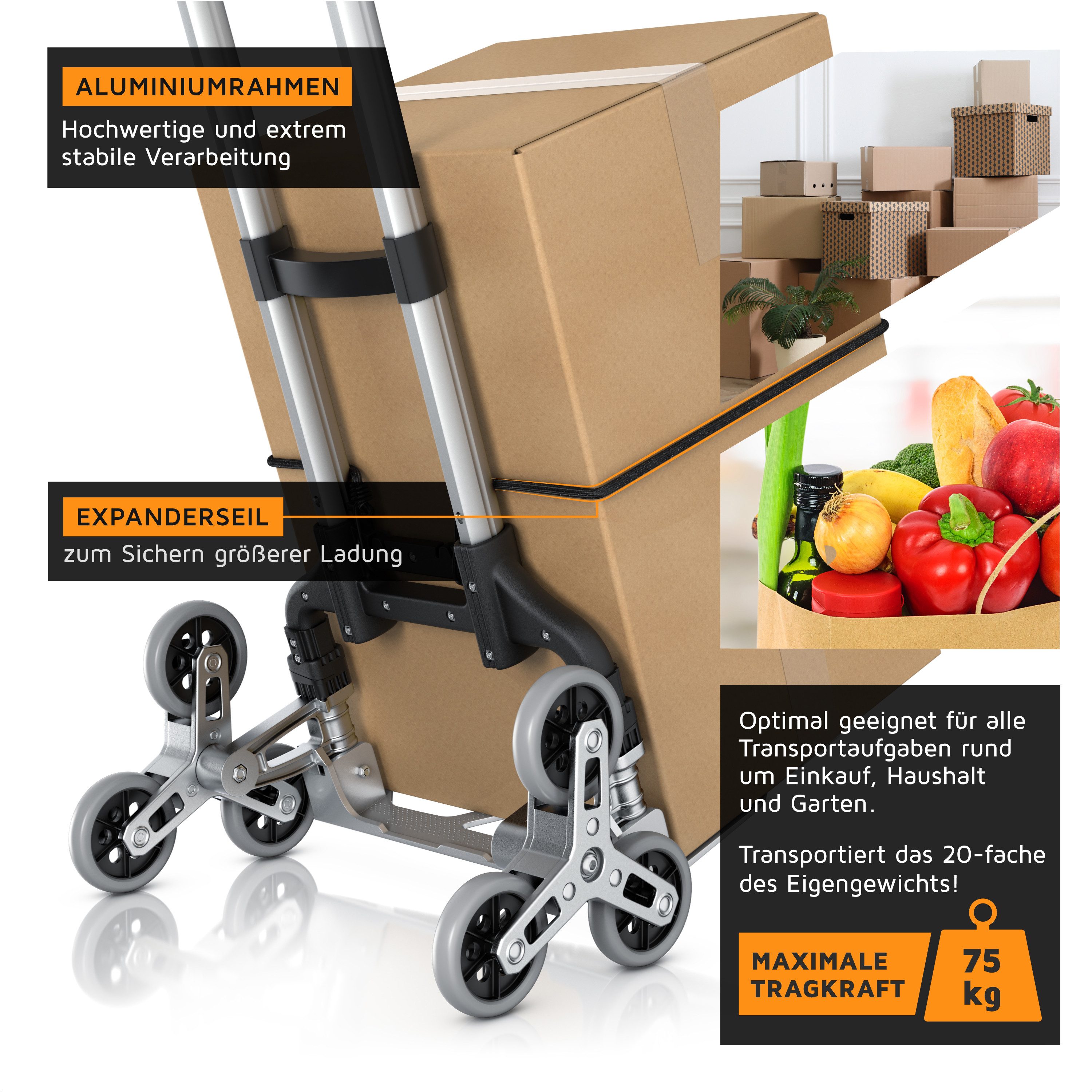 Brandson Sackkarre Transportkarre klappbar mit 75 kg Last Vollgummireifen & Expanderseil, (1-St), Alu Treppensteiger, für Umzug Getränkekisten, 6 Räder, leicht & stabil