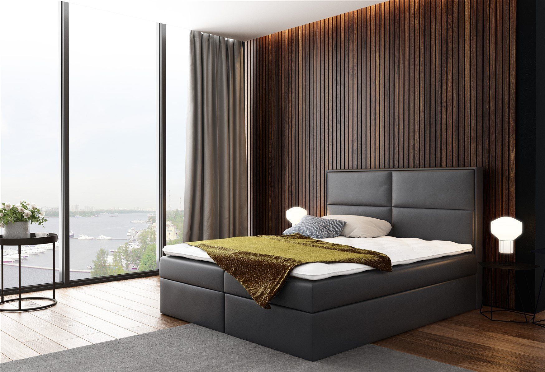 Boxbett Schlafzimmerbett DERBI in Stoff oder Kunstleder