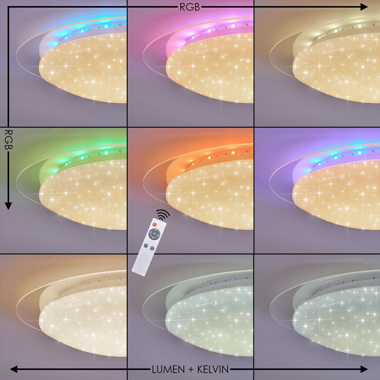 dimmbare hofstein Fernbedienung »Ecche« Sternenhimmel-Effekt, mit RGB 2700-5000 und aus Farbwechsler, Deckenlampe weiß, Deckenleuchte CCT Lumen 1000 Kelvin, Zimmerlampe Kunststoff