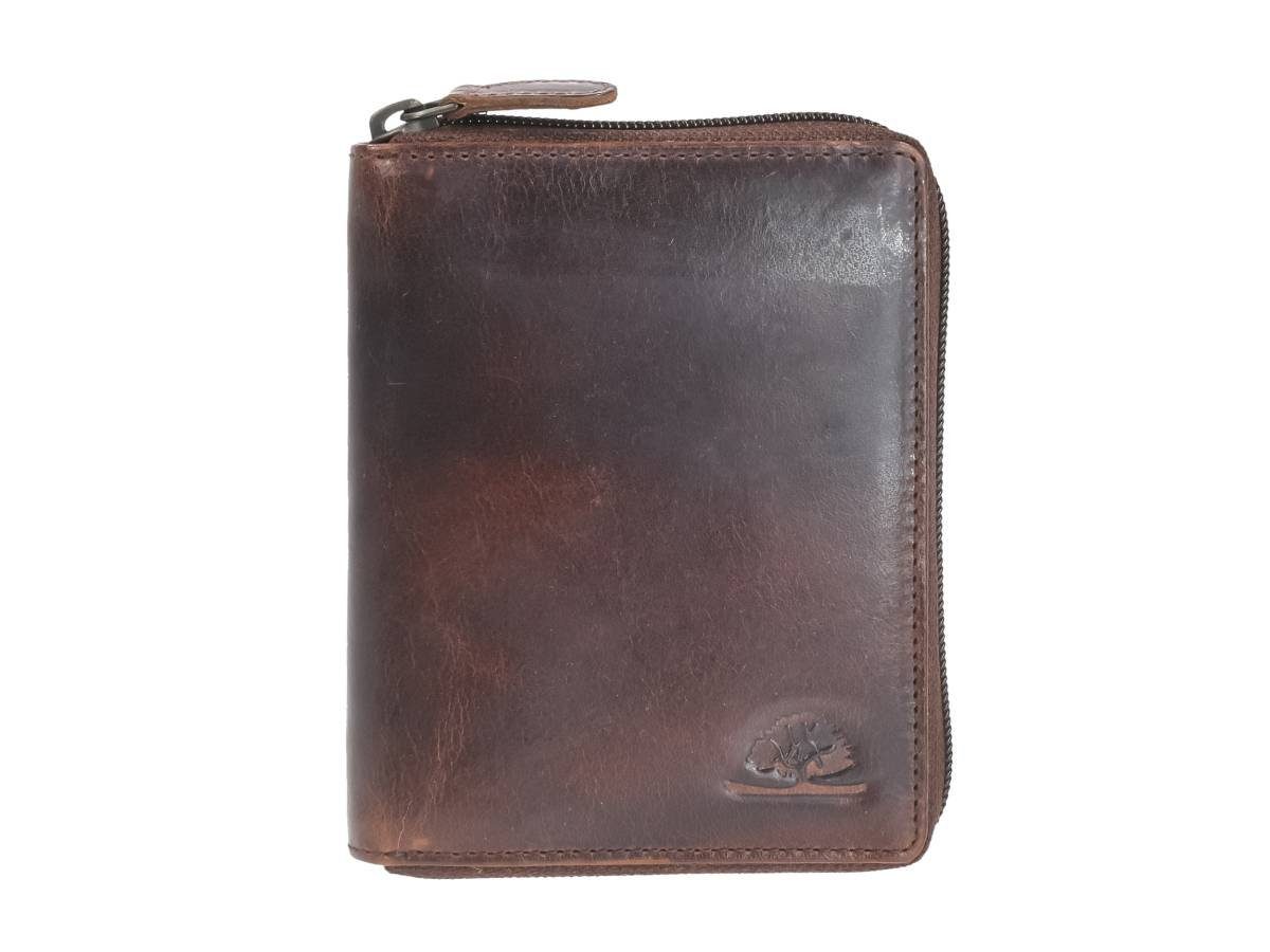 Greenburry Geldbörse "Rugged" Leder Portemonnaie Reißverschlussbörse10x12cm teak braun, Lederbörse, 9 Kartenfächer, RFID-Schutz, Reißverschluss