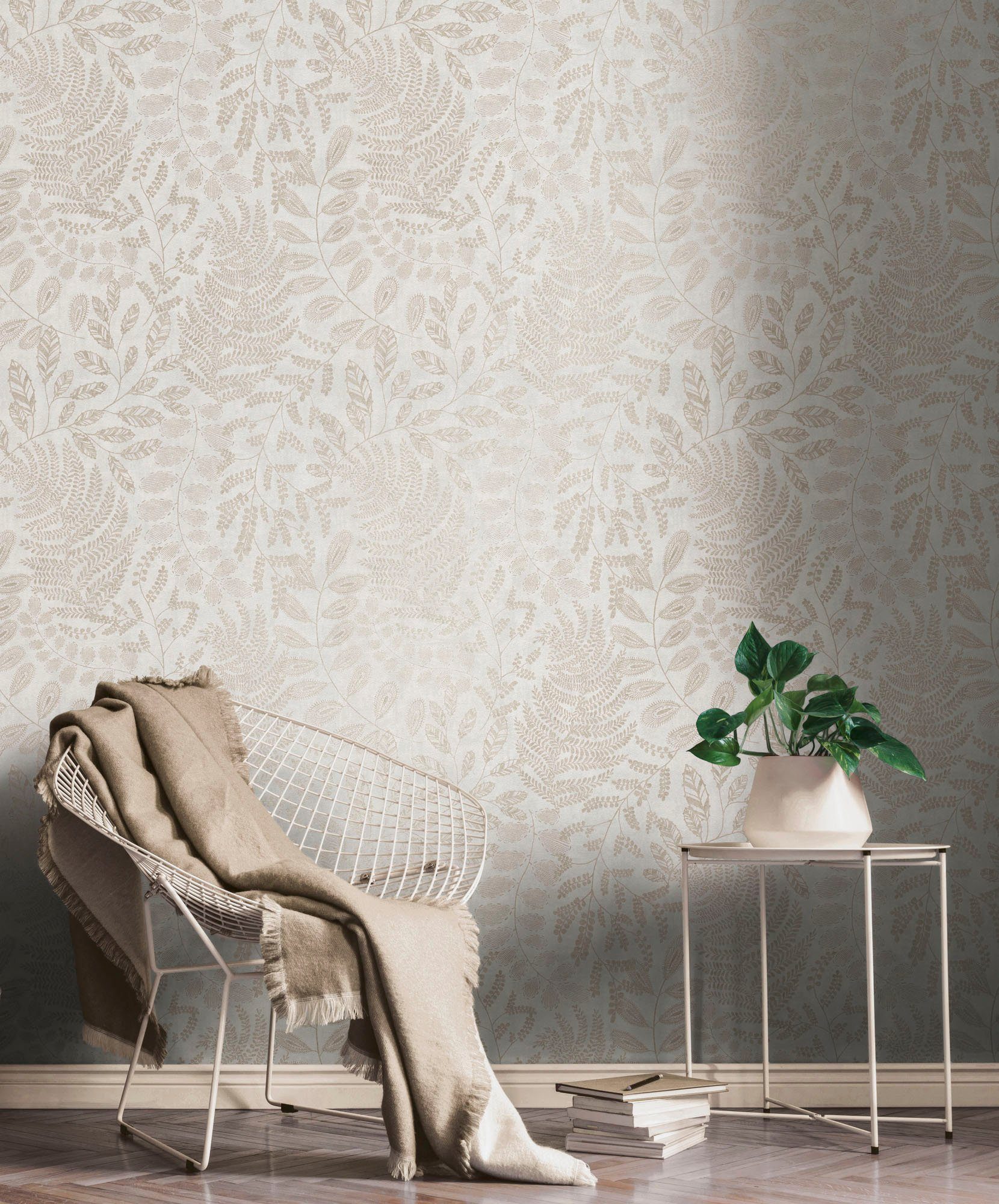 A.S. Création Vliestapete THE BOS Blätter Floral, glatt, matt, gemustert, neutral, (1 St), Florale Tapete Tapete Floral Tapeten Wohnzimmer Schlafzimmer Küche
