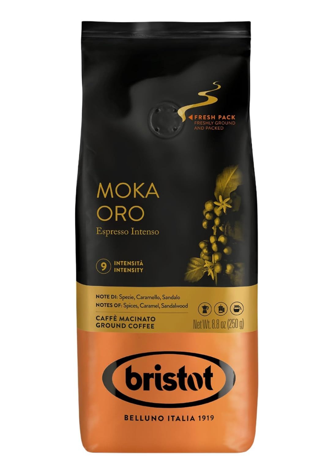 bristot Kaffee Moka Oro Espresso Intenso 250g gemahlen Kaffeepulver, Intensives Aroma mit mildem Geschmack