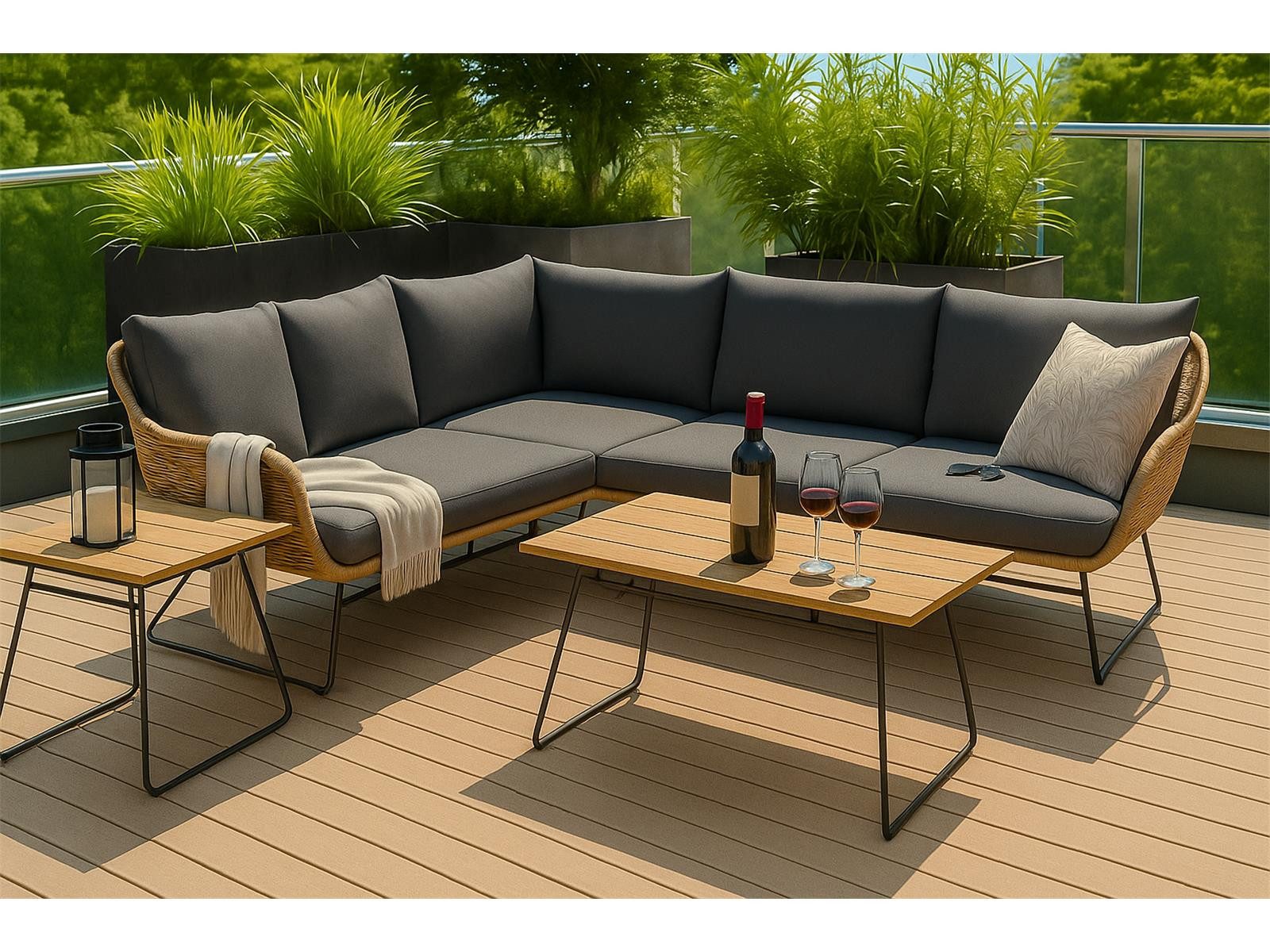 bellavista - Home&Garden® Gartenlounge-Set »Montreux« Lounge Set Rattan Ecklounge Loungemöbel Gartenmöbel Gruppe, (Set, 6-tlg., Teakholz-Tischplatte), grau, Polyrattan, für 5 Personen, wetterfest - Garten, Terrasse