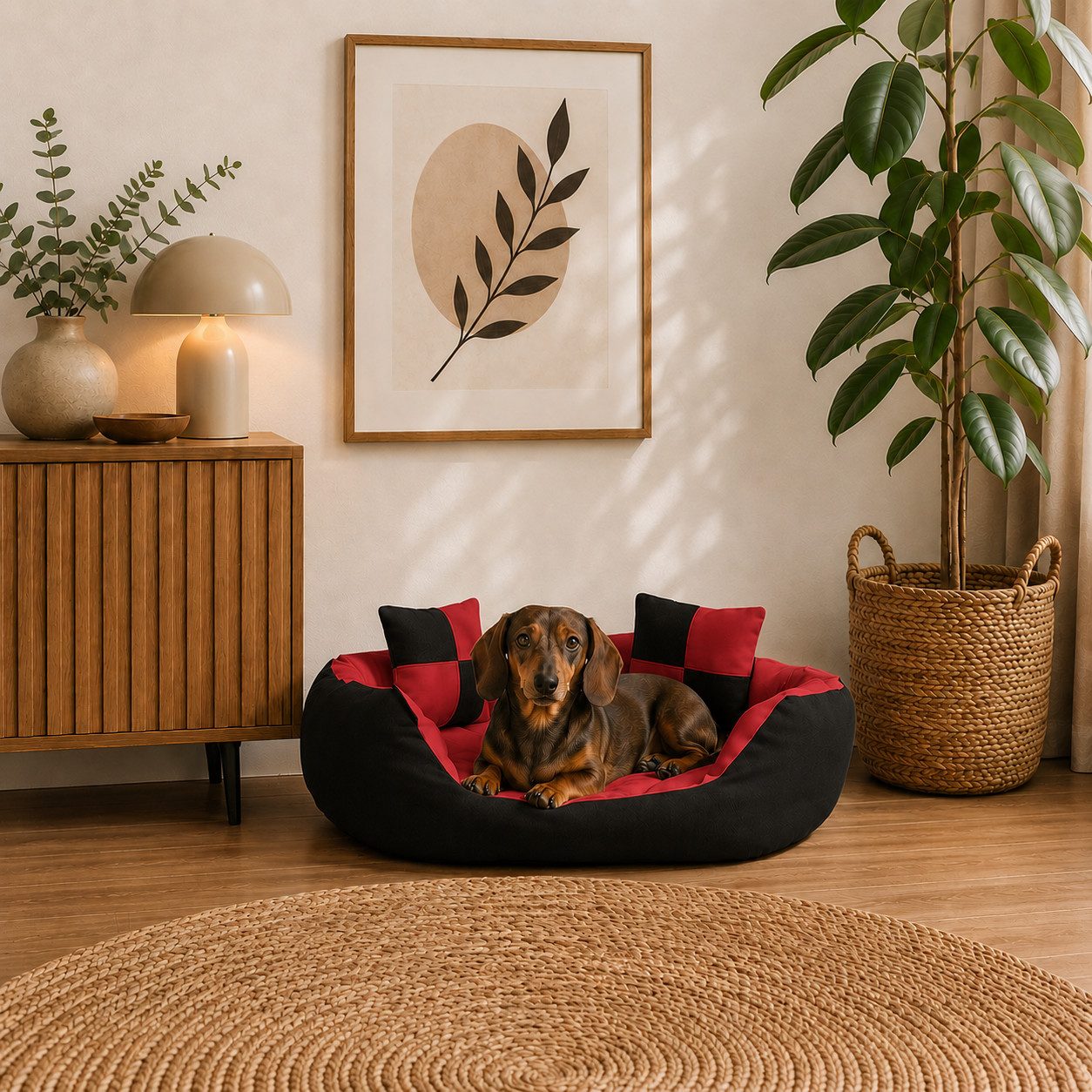belviona Tierkissen, Hundekörbchen wasserabweisend, 65x50 cm, rot/schwarz, Oxford, Hundebett mit Wendekissen, tiefer Einstieg & 2 Spielkissen