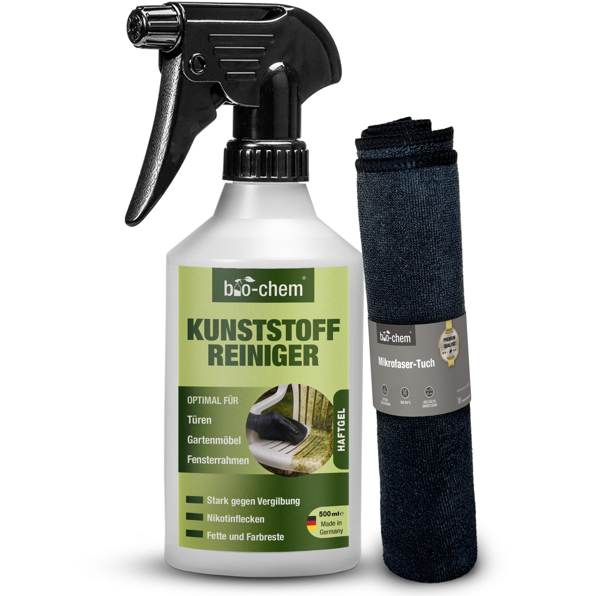 bio-chem bio-chem Пластиковый очиститель – gegen Vergilbungen & Nikotin Пластиковый очиститель (Sparpaket, [- Пластиковый очиститель 0.5 l Handsprayflasche + Mikrofasertuch Haftet gut – viskose, gelartige Konsistenz)