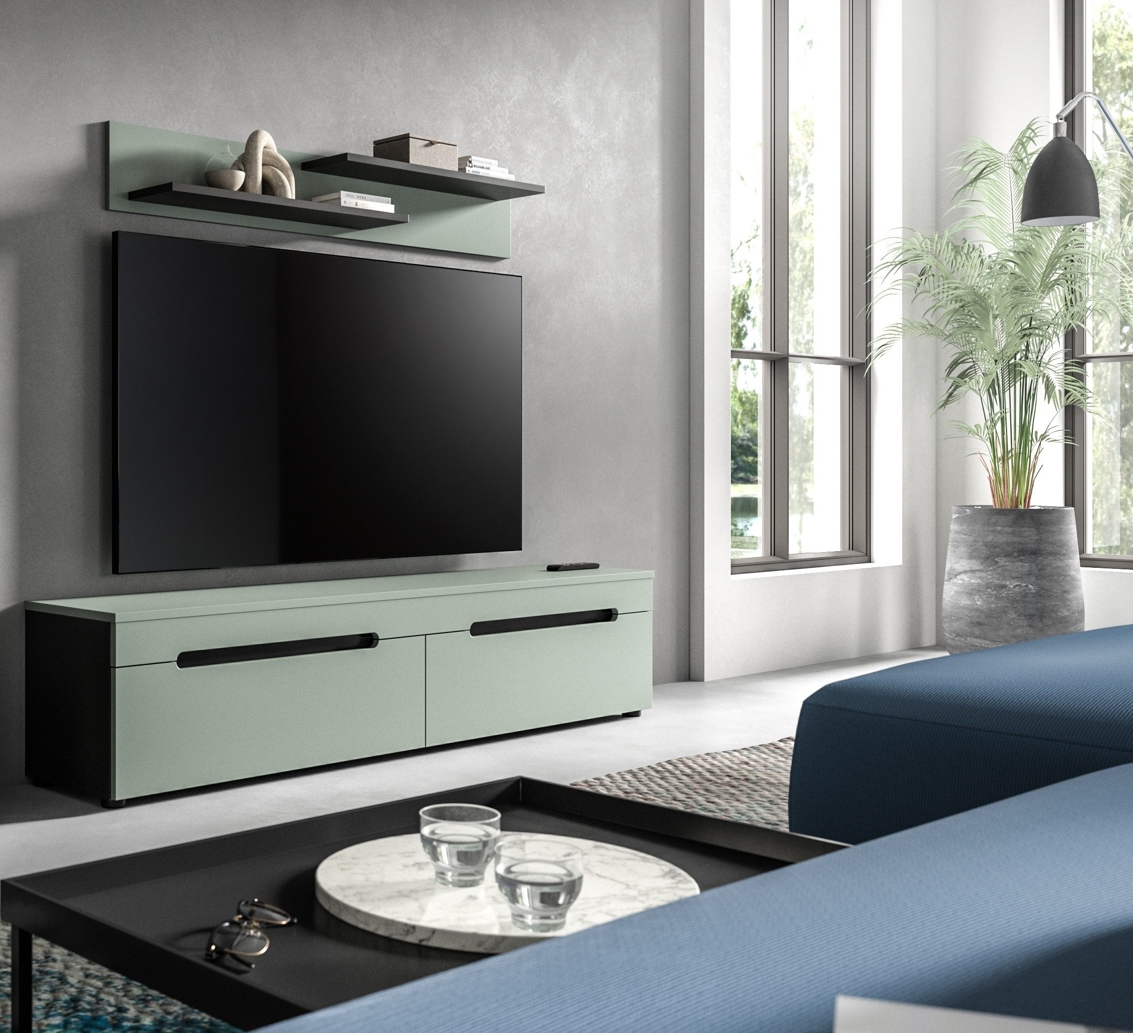 freiraum Lowboard Canu, in Basalt Grau / Smoke Green - 170x38x33cm (BxHxT)