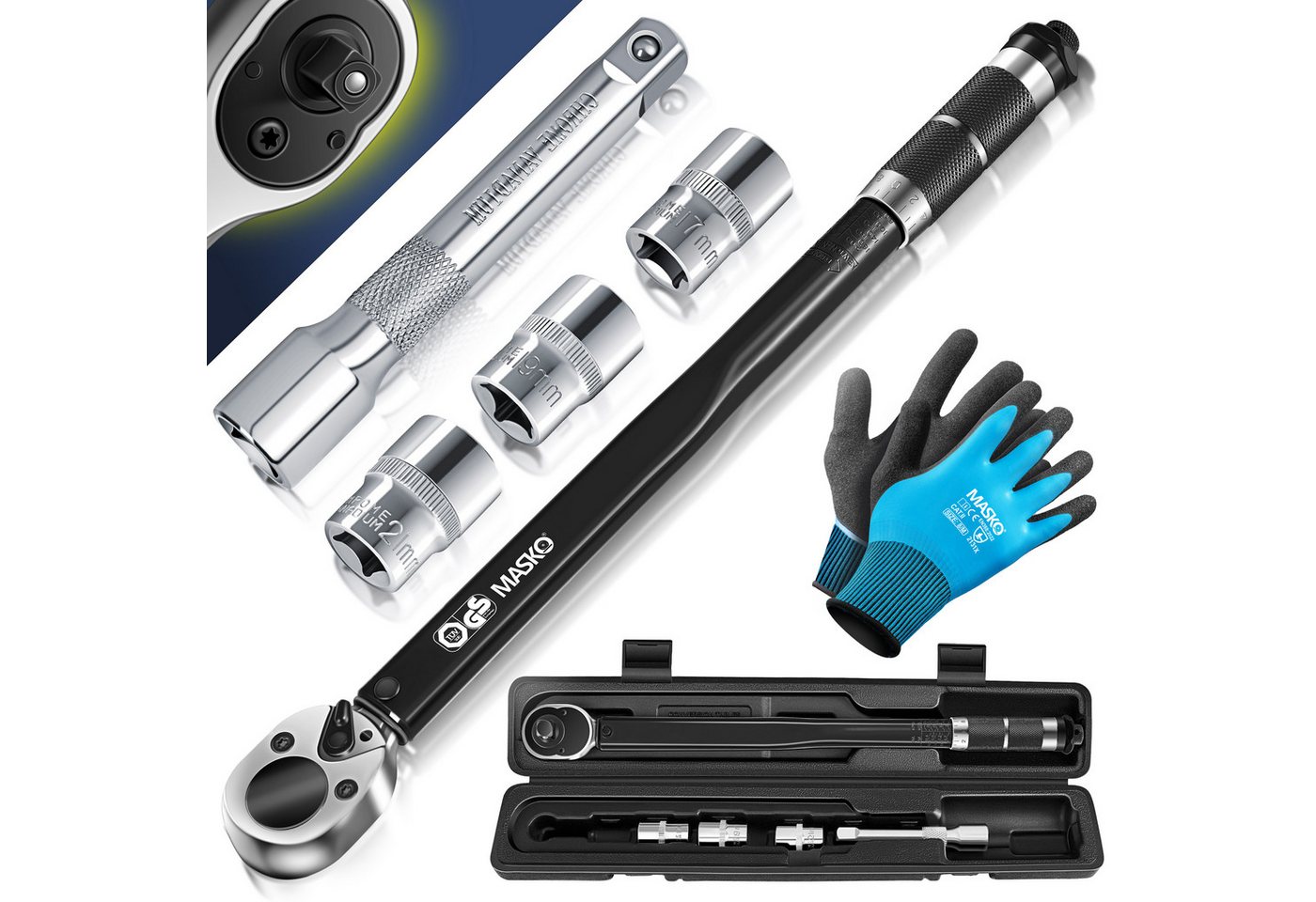 MASKO Drehmomentschlüssel Set 6tlg. Set 40-210Nm 1/2' CV, inkl. 3 Stecknüsse, 17mm, 19mm, 21mm & Verlängerung 125mm, inkl. Handschuhe und Koffer