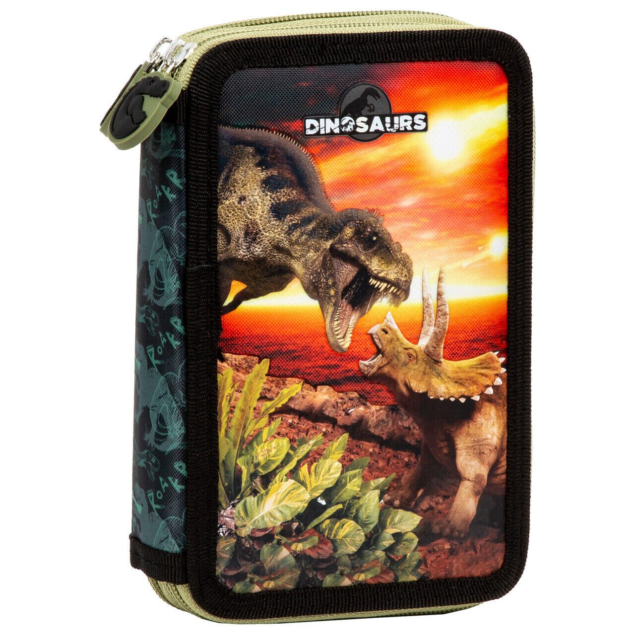 DERFORM Schulranzen 5 tlg. Set Tornister Dinosaurier Dino Turnbeutel Brotdose Federtasche (Set, 5-tlg., Brotdose und Trinkflasche, Schulranzen mit Federmappe Turnbeutel)
