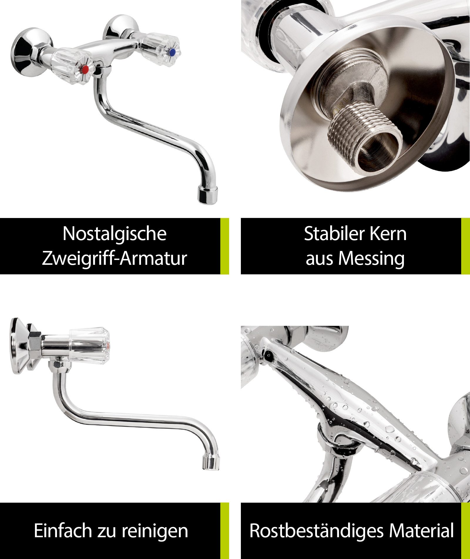 aquaSu Spültischarmatur Standard Plus Wand-Zweigriffmischer, S-Auslauf, schwenkbar, Retro, Chrom