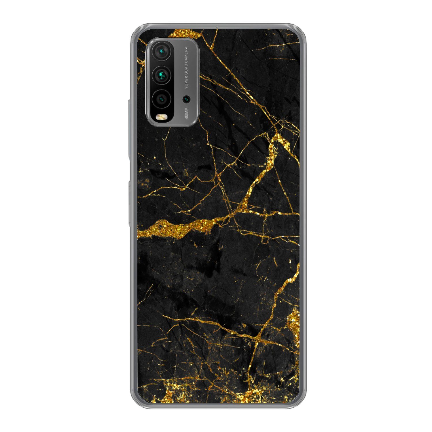 MuchoWow Handyhülle für Xiaomi Redmi 9T Marmor - Gold - Schwarz - Marmoroptik - Luxus - Gl, Phone Case, Silikon, Schutzhülle Dünn