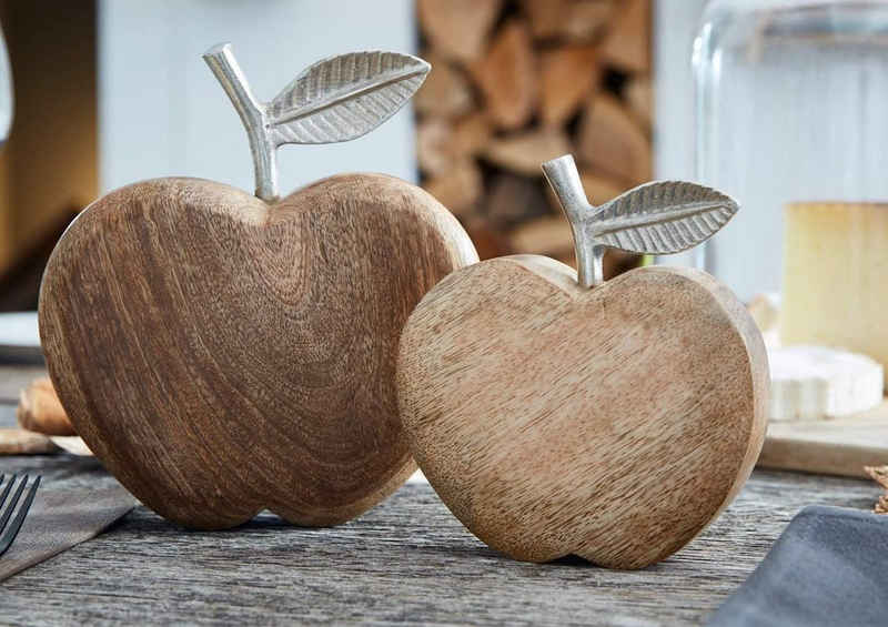 Dekoleidenschaft Dekofigur Apfel aus Mangoholz & Aluminium, Dekoobst, Holzdeko (2er Set)