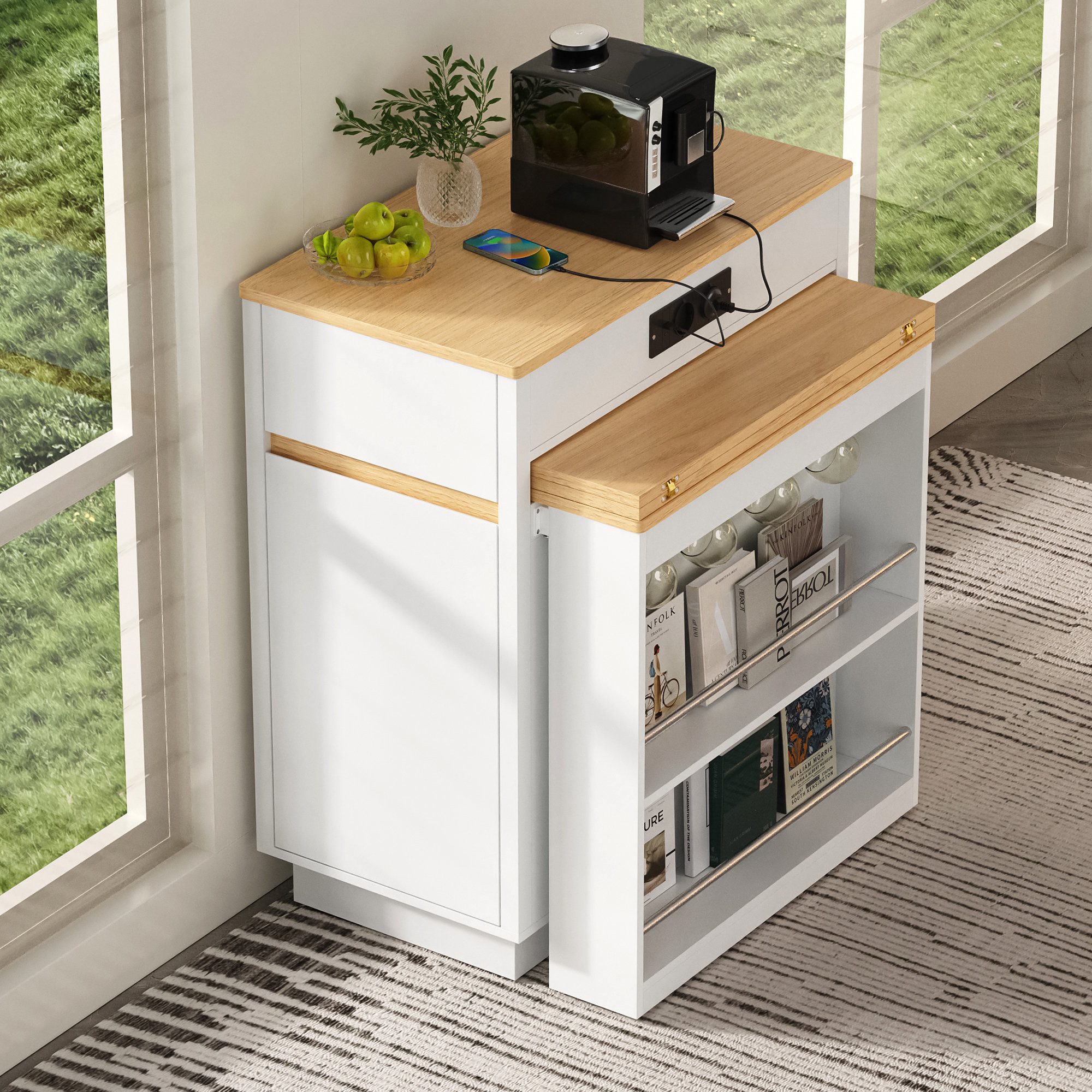 Odikalo Kücheninsel Küchenschrank Küchenbuffet mit ausziehbares Tischblatt Stauraum, (58-154×80.5×94cm(L×W×H)Kücheninsel mit LED Rollen Ausziehbarer Esstisch mit faltbarer Tischplatte Bartisch mit Steckdosenleisten und Haken, dient als Kücheninsel Sideboard oder Bartisch)