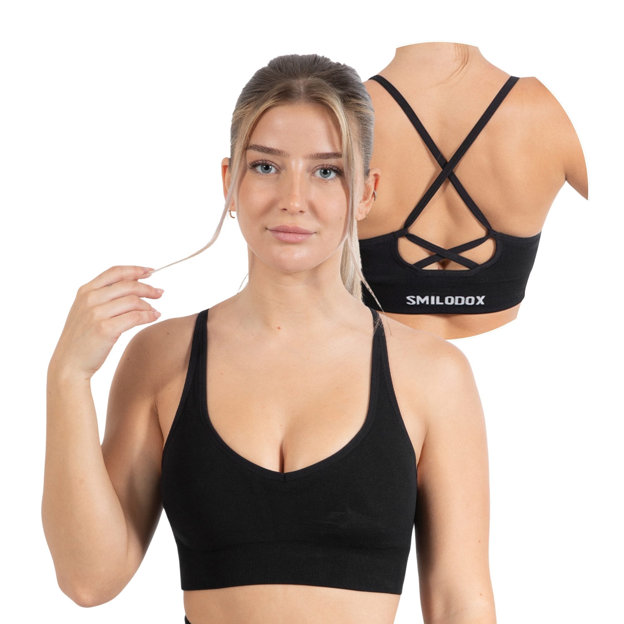 Smilodox Sport-BH Cetrina, Seamless Sport Bra eleganter Rückenausschnitt Fitness Push-Up BH V-Ausschnitt ohne Bügel Atmungsaktiv Bustier Yoga Alltag