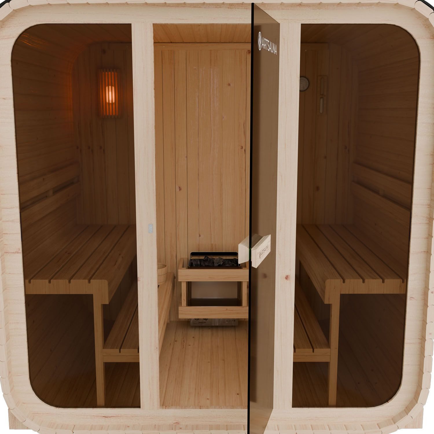Artsauna Fasssauna Fjora, 38 mm, Fichte, 9 kW Ofen bis 100 °C, Glasfront, bis 6 Personen, Zubehör-Set