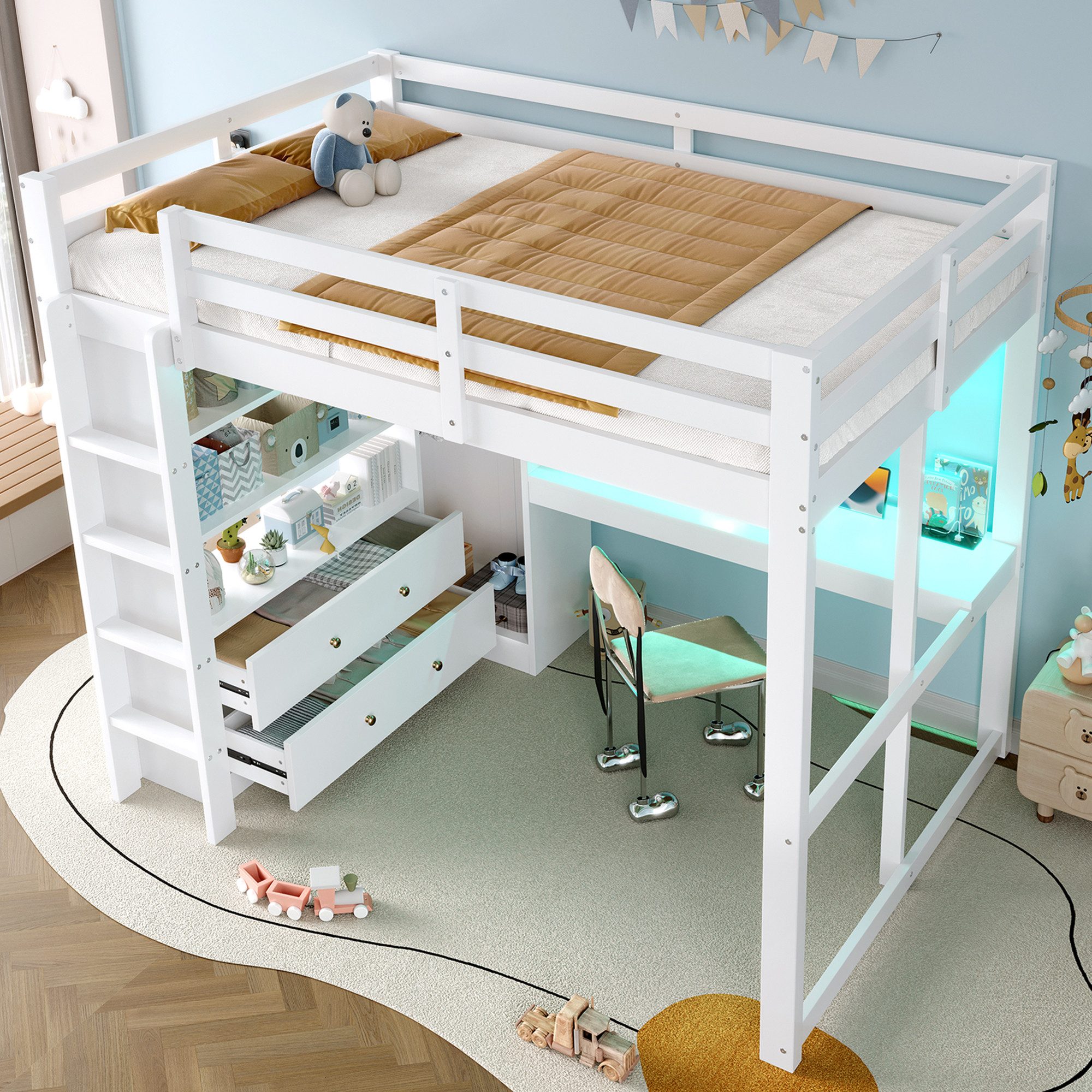 Merax Hochbett 140x200cm mit LED-Beleuchtung & USB (Kieferholz, 1-St., Etagenbett Jugendbett Holzbett Einzelbett) Kinderbett mit Schreibtisch, 2 Schubladen, Regalen & Kleiderschrank
