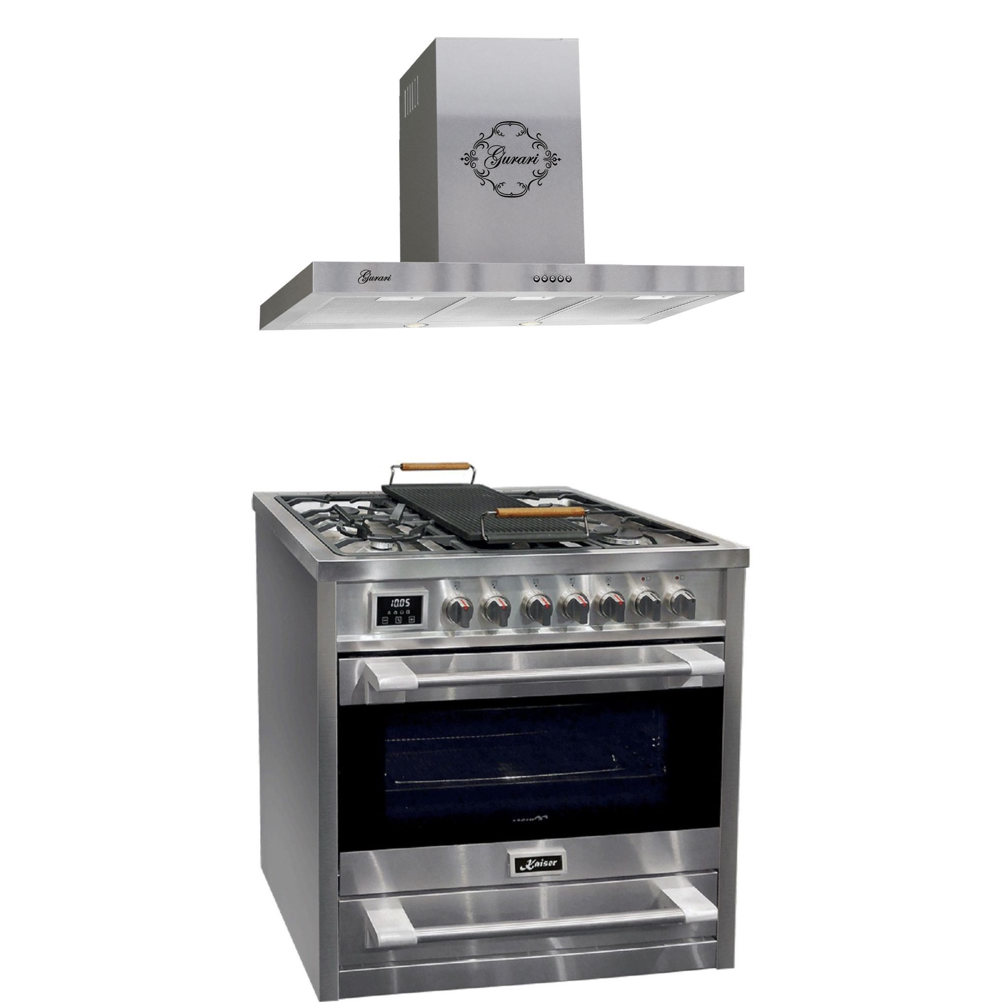 Kaiser Küchengeräte Gasherd-Set Gas Elektro Standherd 90 cm, Erdgas, Propangas, 115 L+ Edelstahl Dunstabzugshaube 90 cm,Suagstark 1000m³/h, 3 Stufen HGE 93505 R+GCH F 461 IS 9, mit 1-fach-Teleskopauszug, Katalytische Selbstreinigung, Gas Elektro Standherd 90 cm+Dunstabzugshaube 90 cm,1000m³/h