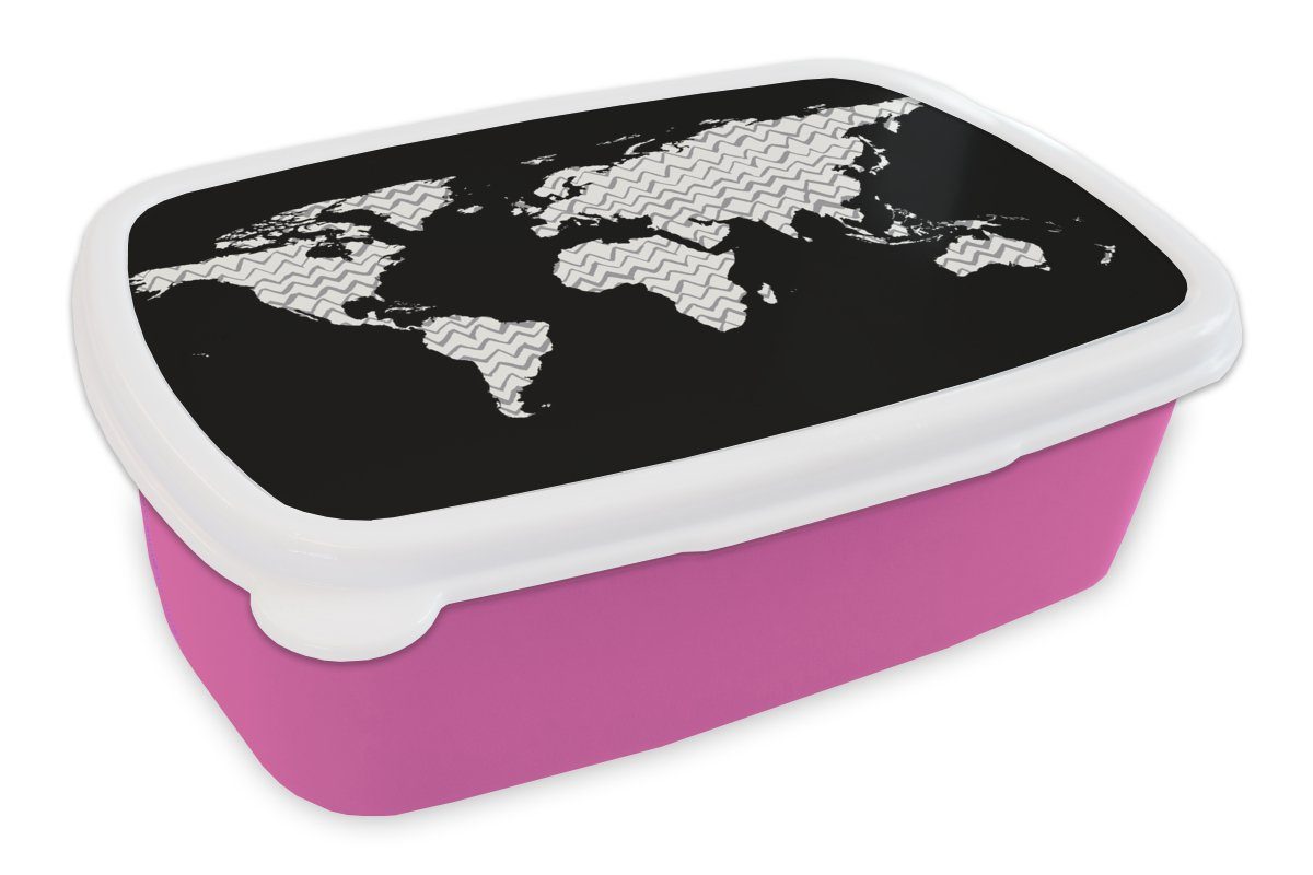 MuchoWow Lunchbox Weltkarte - Weiß - Grau, Kunststoff, (2-tlg), Brotbox für Erwachsene, Brotdose Kinder, Snackbox, Mädchen, Kunststoff rosa