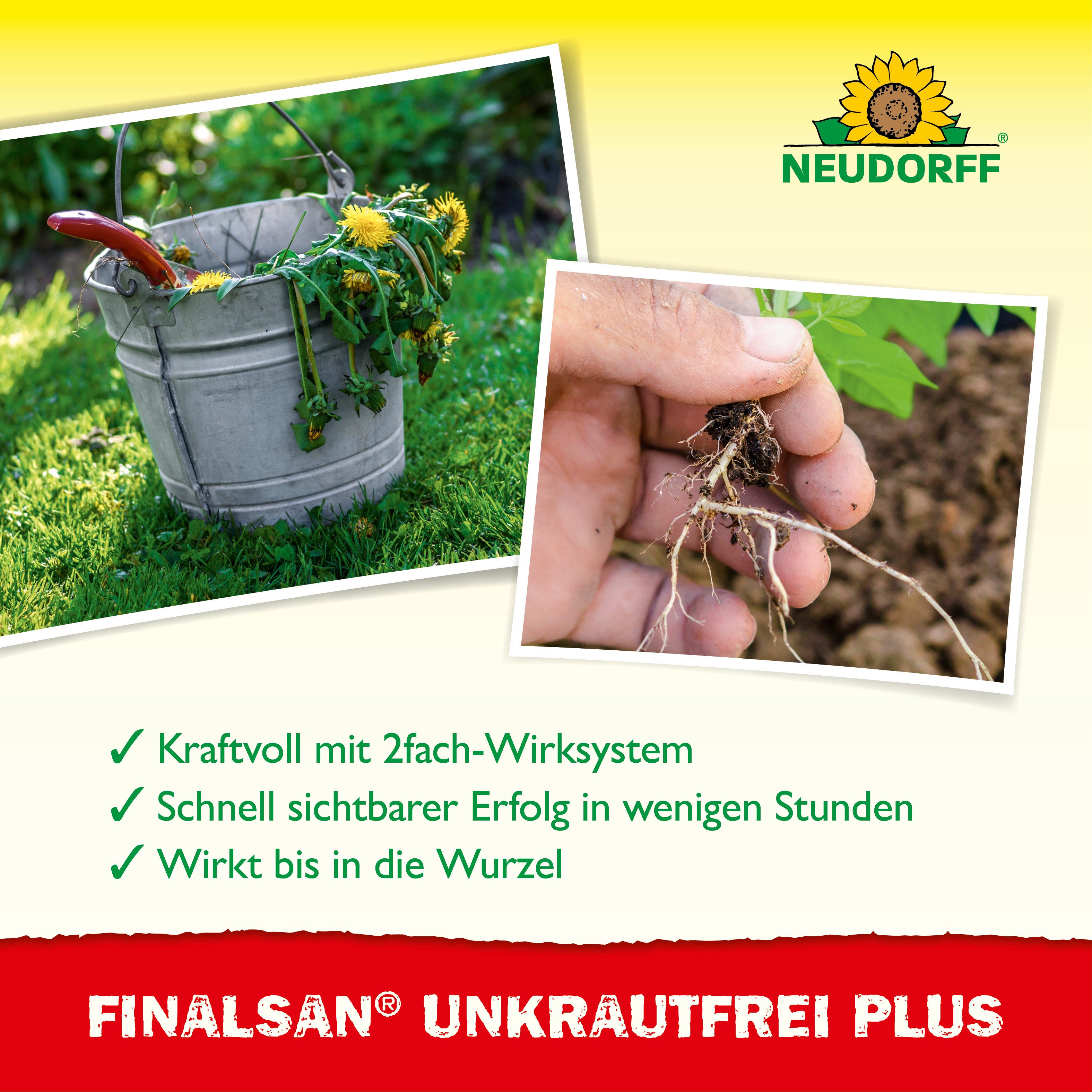 Neudorff Unkrautbekämpfungsmittel Finalsan UnkrautFrei Plus 2 Liter für 360 m², 2000 ml, 1 St., Gegen Unkräuter Gräser Moose Algen & Problemunkräuter, Wasserlösliches Konzentrat mit 2-fach-Wirksystem, kraftvoll mit 2fach-Wirksystem bis in die Wurzel