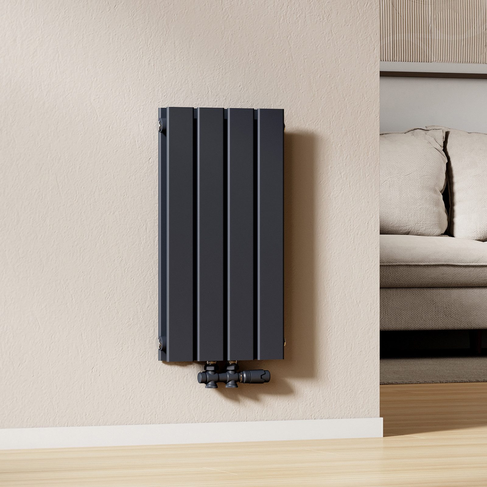 EMKE Heizkörper Anthrazit/Weiß Doppellagig Flach Design Paneelheizkörper Breite: 30cm, Vertikal, Mittelanschluss, 384W für 4qm Raum