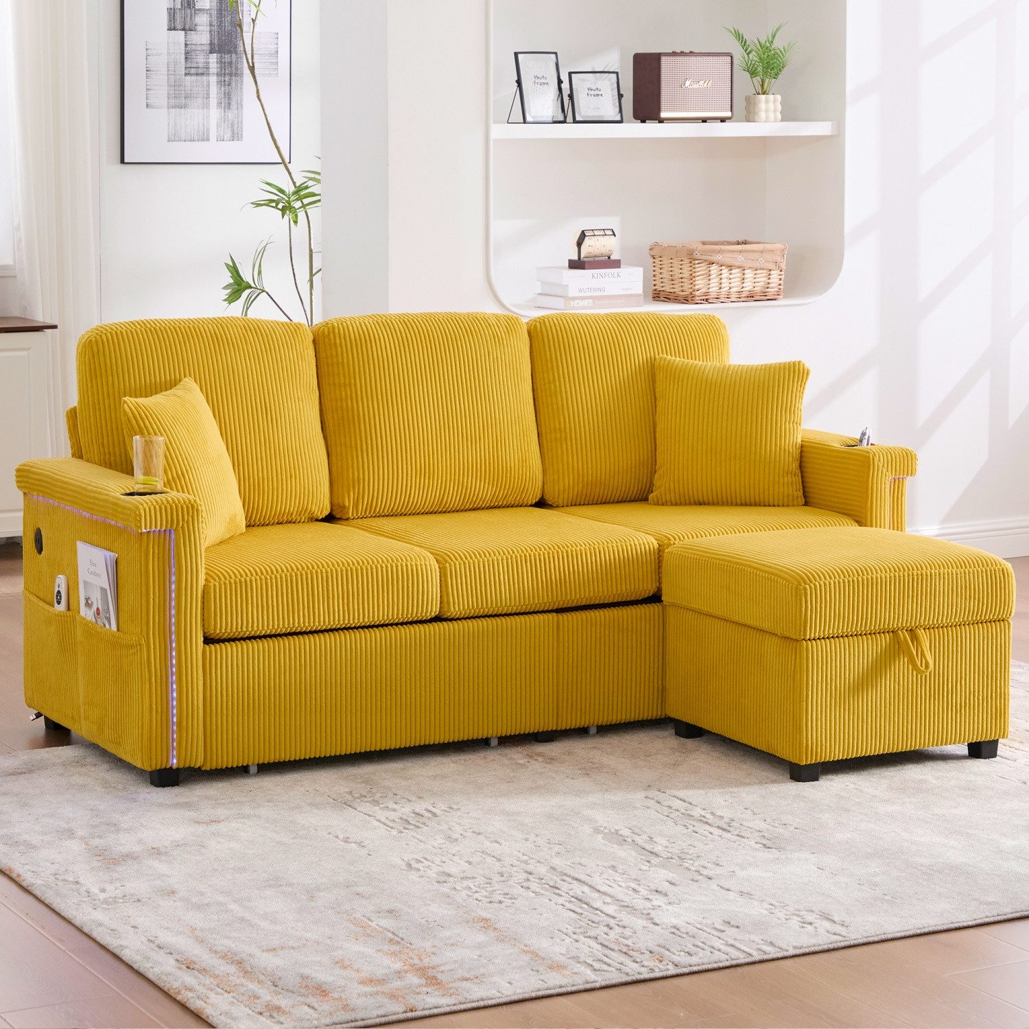 Fanttik Schlafsofa 3-Sitzer Sofa Ecksofa mit LED-Beleuchtung & USB-C-Port, mit Fußhocker,Stauraum,Getränkehaltern und Seitentaschen, L-förmiges Sofa, für Wohnzimmer, Schlafzimmer oder Büro