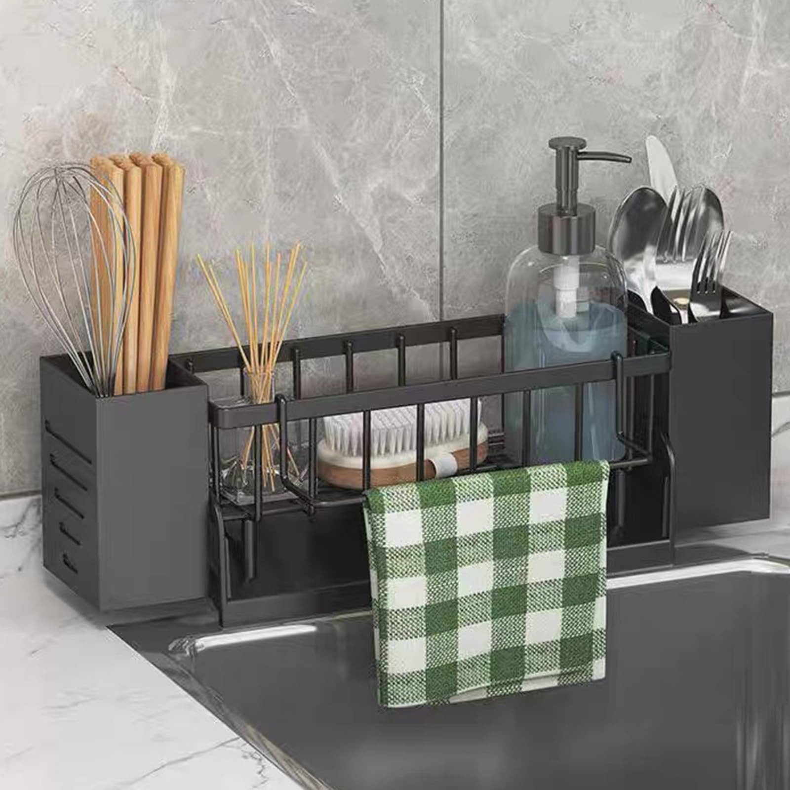 Zyronn Küchenorganizer-Set Spülbecken Organizer Hängend,Kein Bohren Spüle Organizer Schwammhalter, Küchenutensilienhalter mit 2 Stäbchenhalter – Bild 4 von 5
