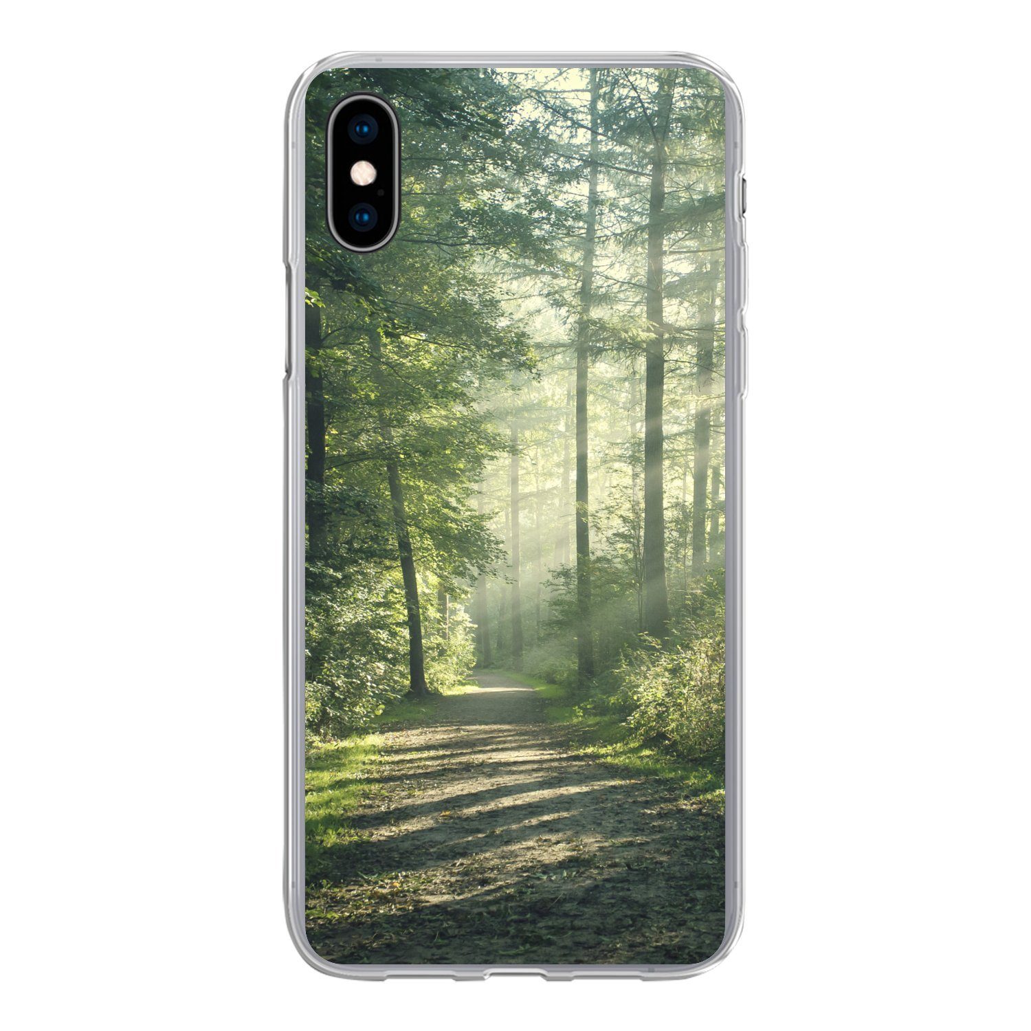 MuchoWow Handyhülle für Apple iPhone XS Wald - Weg - Sonne - Bäume - Grün - Natur, Smartphone-Bumper, Print, Handy Schutzhülle Dünn