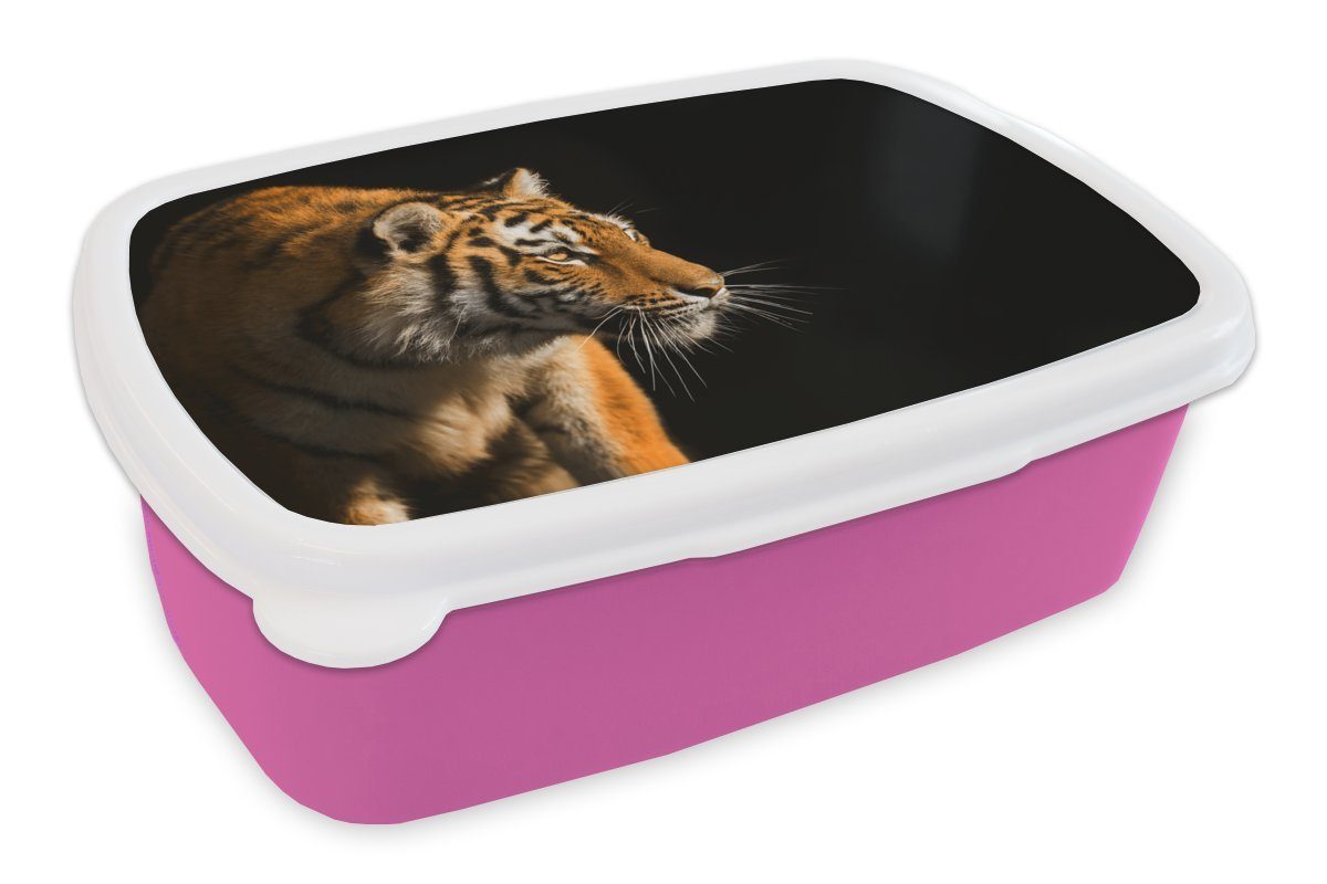 MuchoWow Lunchbox Tiger - Jagd - Sonne, Kunststoff, (2-tlg), Brotbox für Erwachsene, Brotdose Kinder, Snackbox, Mädchen, Kunststoff rosa