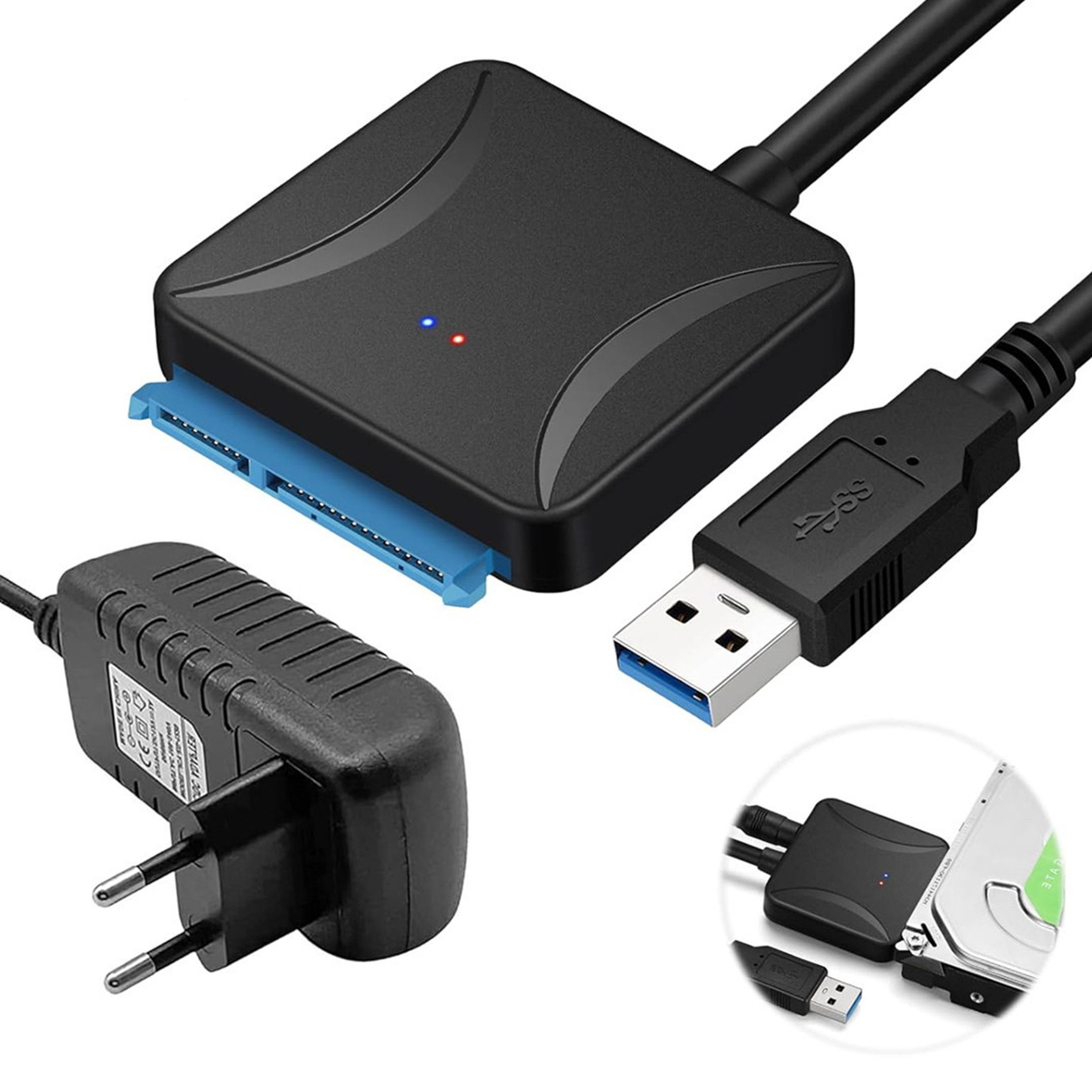 Festplatten-Gehäuse SATA zu USB3.0 Adapter Kabel Universell Netzteil für 2.5/3.5 HDD/SSD