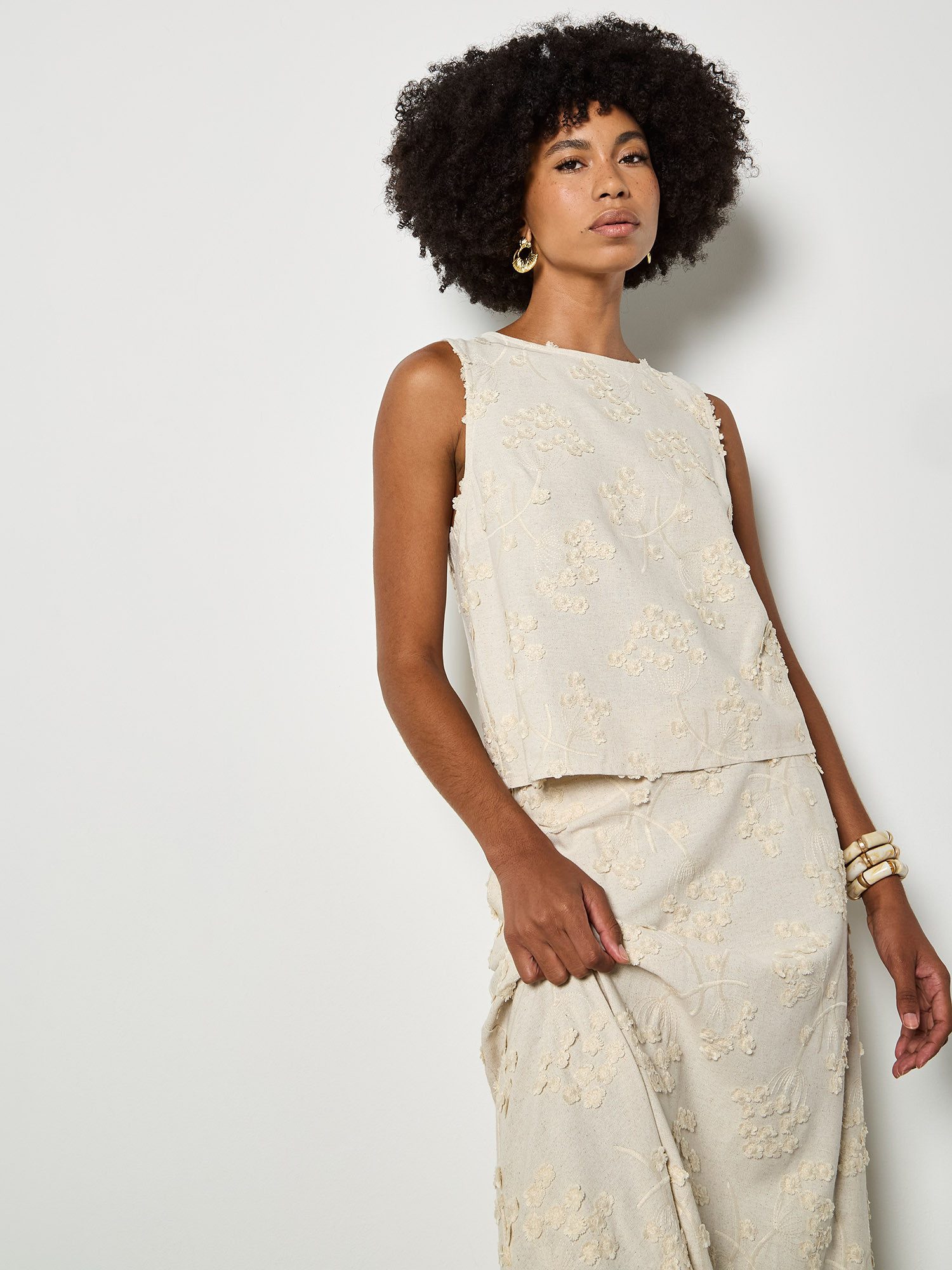 Apricot Spitzentop Besticktes Oberteil aus Leinenmischung mit Blumenmuster