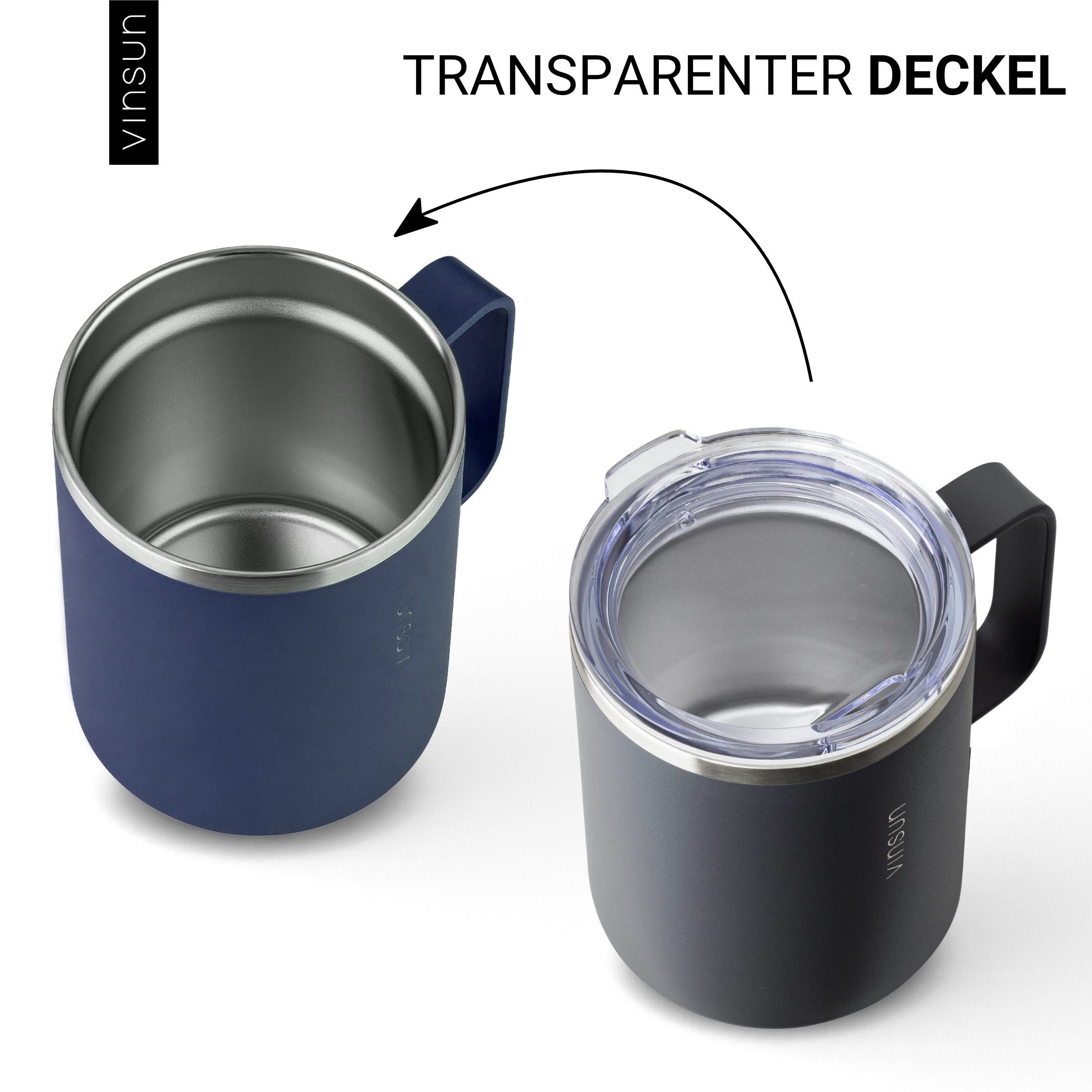 Vinsun Thermobecher Edelstahl Isolierbecher 350ml - Kaffeebecher mit Henkel und Deckel, 2-tlg., Edelstahl, Doppelwandig isoliert, BPA frei, bruchfest, Kalt- und – Bild 3 von 5