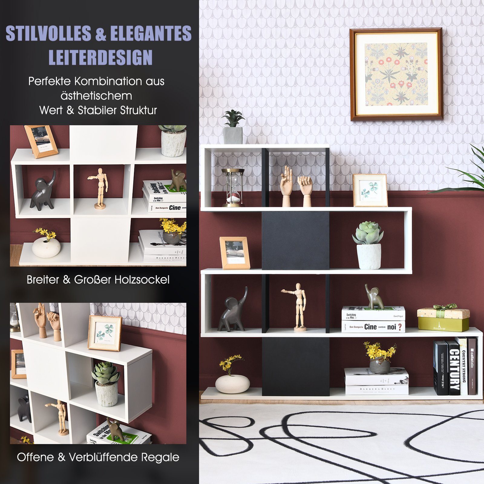 COSTWAY Bücherregal, 5 Etagen Raumteiler, Holz, freistehend, Schwarz + Weiß