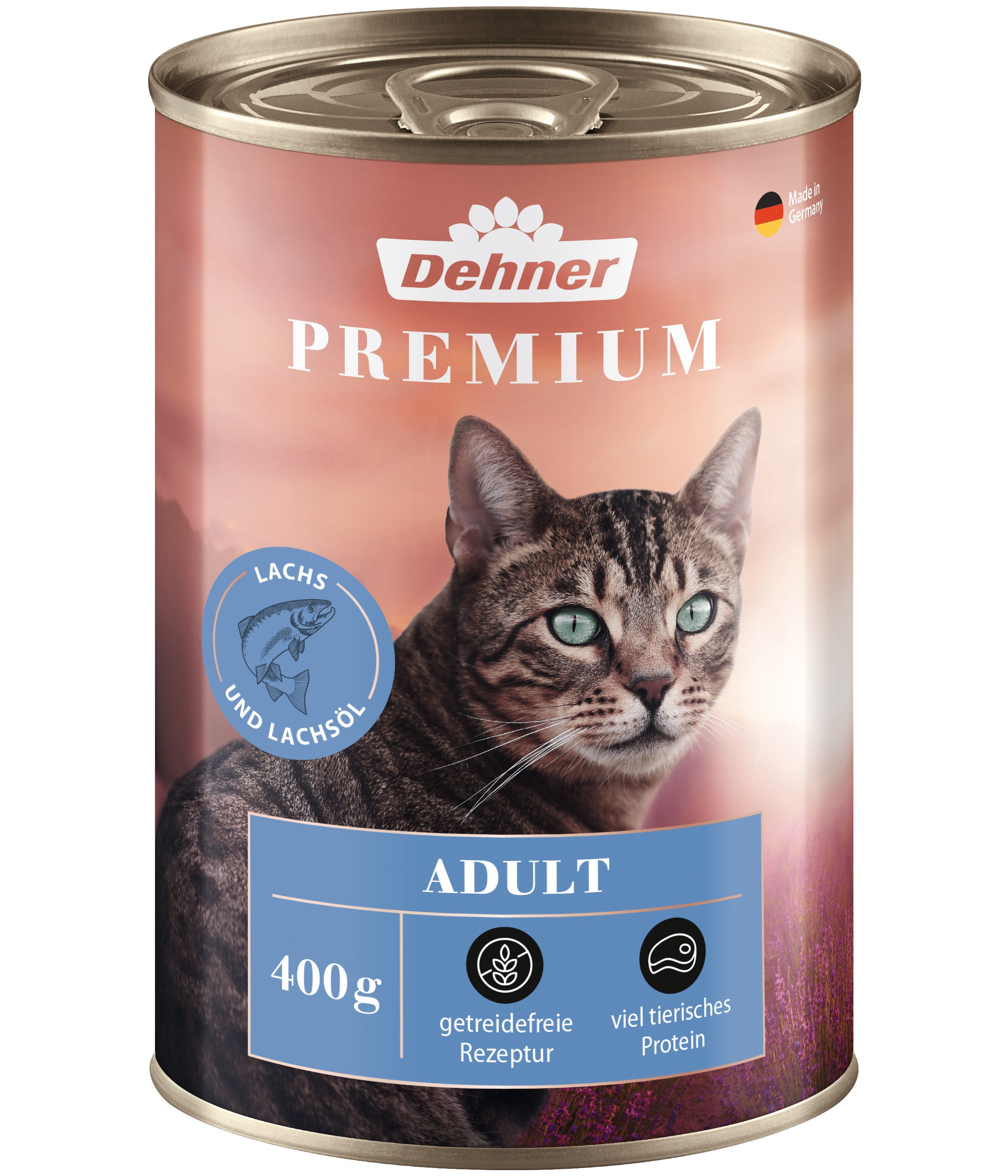 Dehner Premium Adult Geflügel, versch. Sorten, 6 x 400 g Dose (2.4 kg) Lachs, Nassfutter für: Katze, Nassfutter für ausgewachsene Katzen, getreidefrei