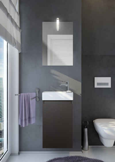 badselekt Badmöbel-Set FRESH Anthrazit Grau matt, 3-teilig inkl. Waschbecken, Unterschrank & Spiegel mit LED-Beleuchtung Badmöbel-Set Waschtisch-Set perfekt für das Gästebad