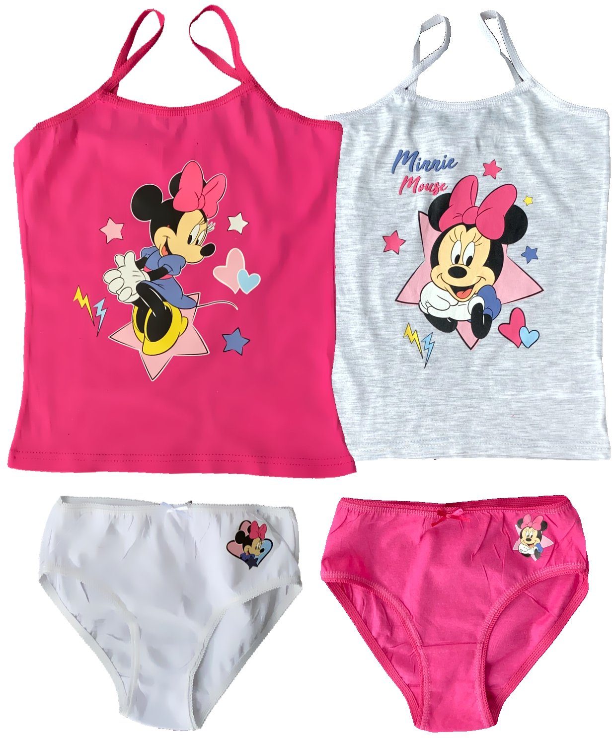 Disney Minnie Mouse Slip Minnie Mouse Mädchen Unterwäsche Set Unterhemden + Slips 4 Teile Trägershirt + Schlüpfer Gr.98 104 110 116 128