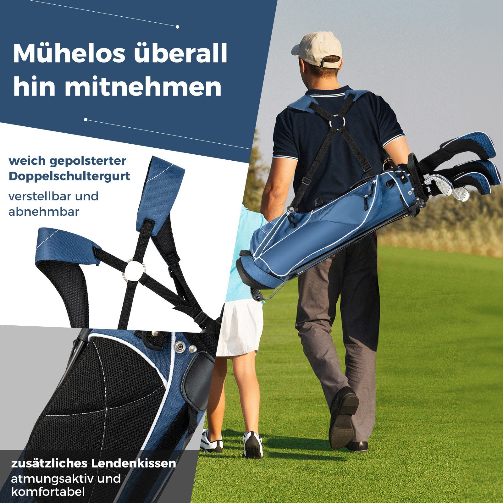 COSTWAY Golftrolley + Golfbag Golfbag, für Max. 4 Schläger, mit Ständer