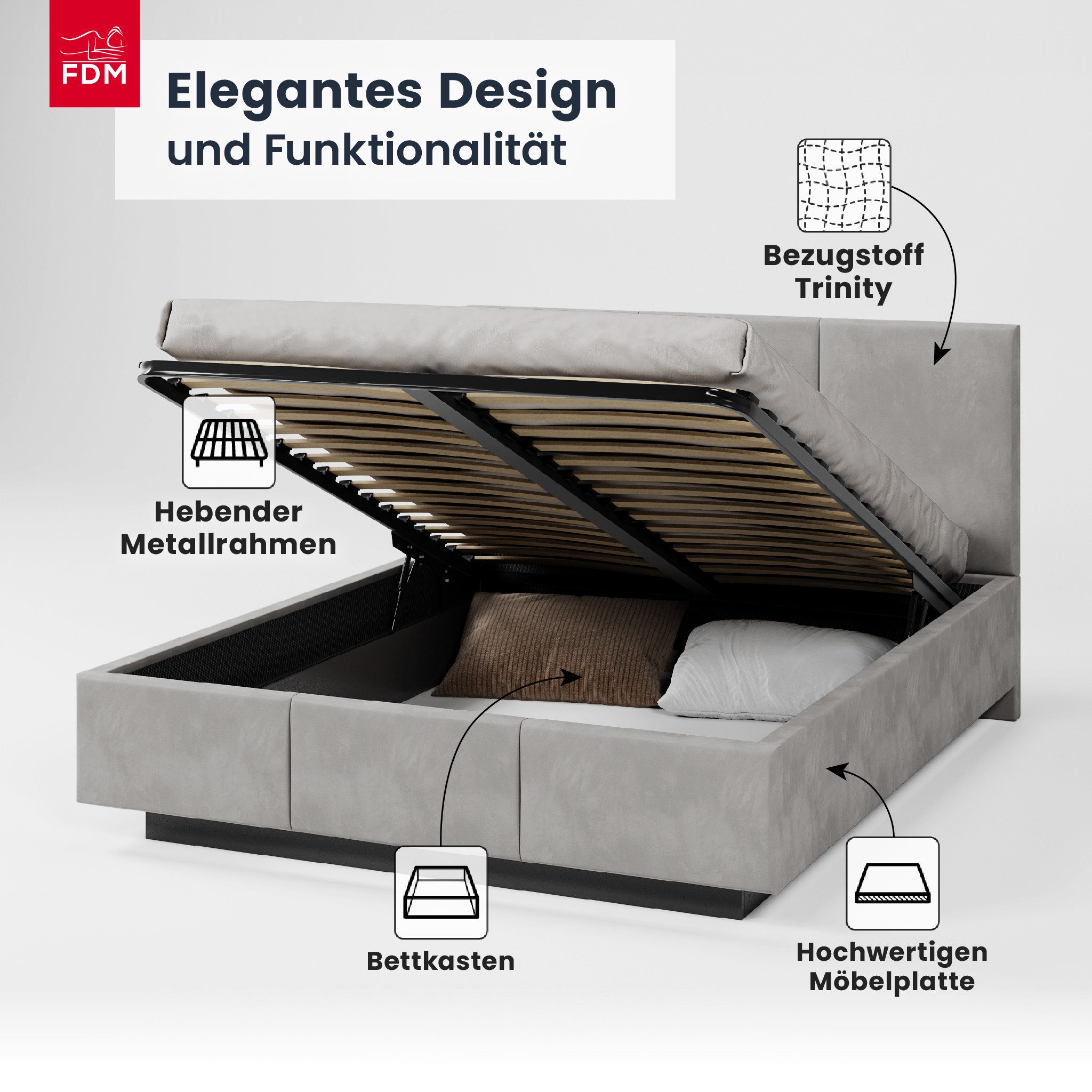 FDM Polsterbett ALMADA modern mit Bettkasten MADE IN EU - mit Trinity Velours Bezug (verfügbar 90x200 120x200 140x200 160x200 180x200cm, Bettrahmen, Bett, mit großen gepolsterten Kopfteil, mit Bettkasten zum aufklappen), Hebbarer Metallrahmen, Bettkasten, mit/ohne Matratze