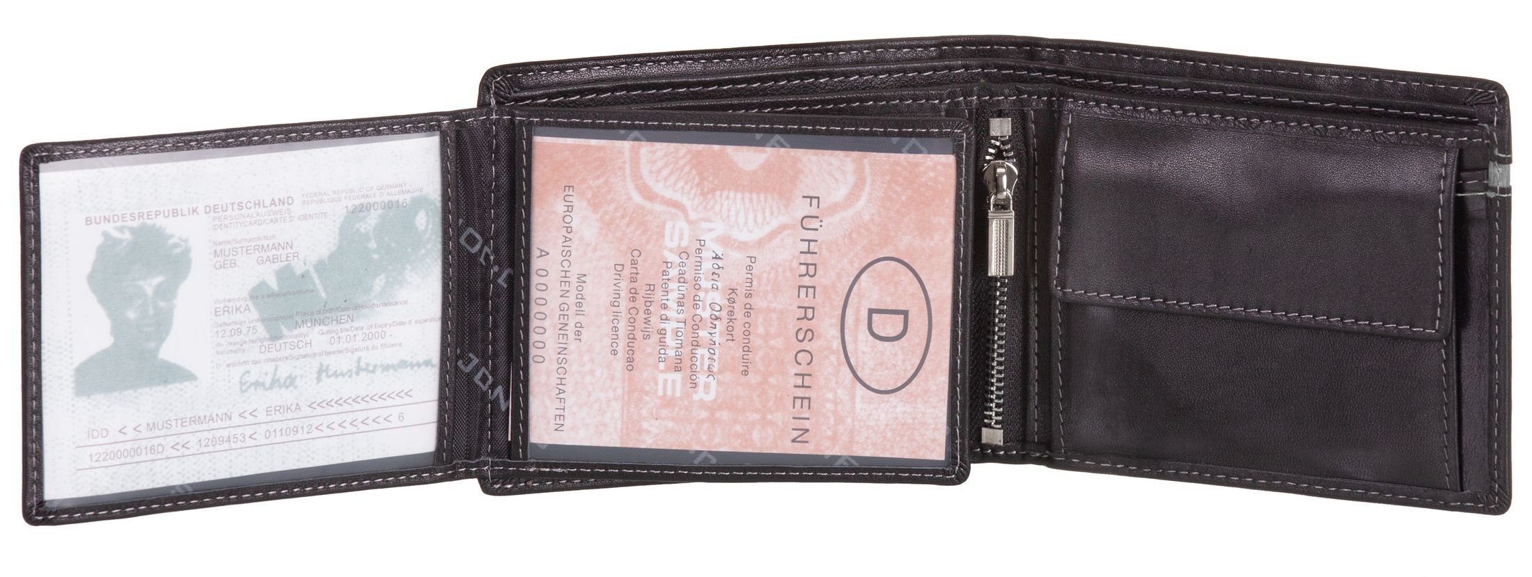 J.Jones Geldbörse, Geldbörse RFID-Schutz Münzfach schwarz-grau Geldbeutel Echt Leder mit Portemonnaie faltbar