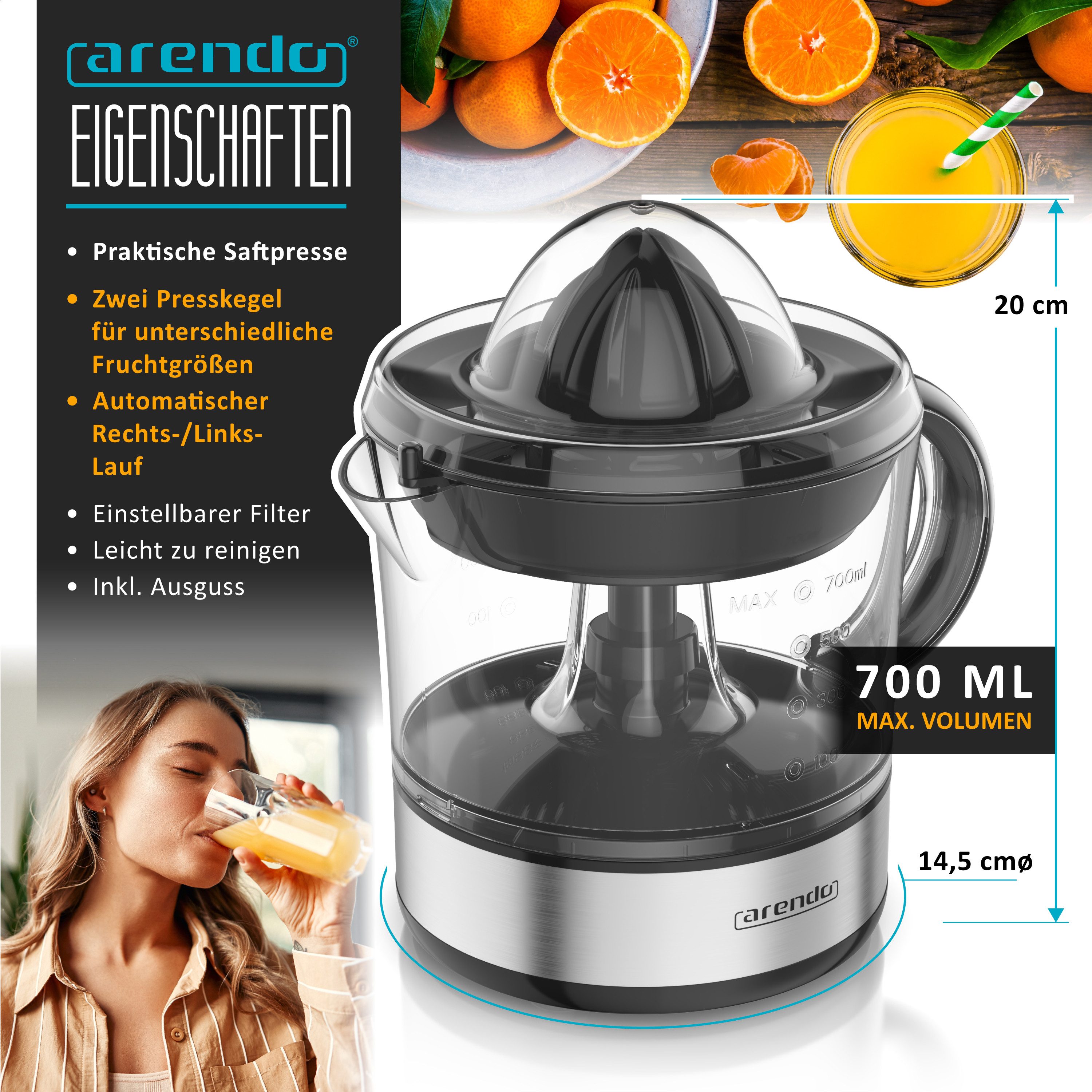 Arendo Entsafter Automatische Zitruspresse, 2 Presskegel, BPA-frei, zwei Drehrichtungen, 40 W, 700ml Behälter, anpassbare Siebgröße, Aromadeckel, spülmaschinenfest