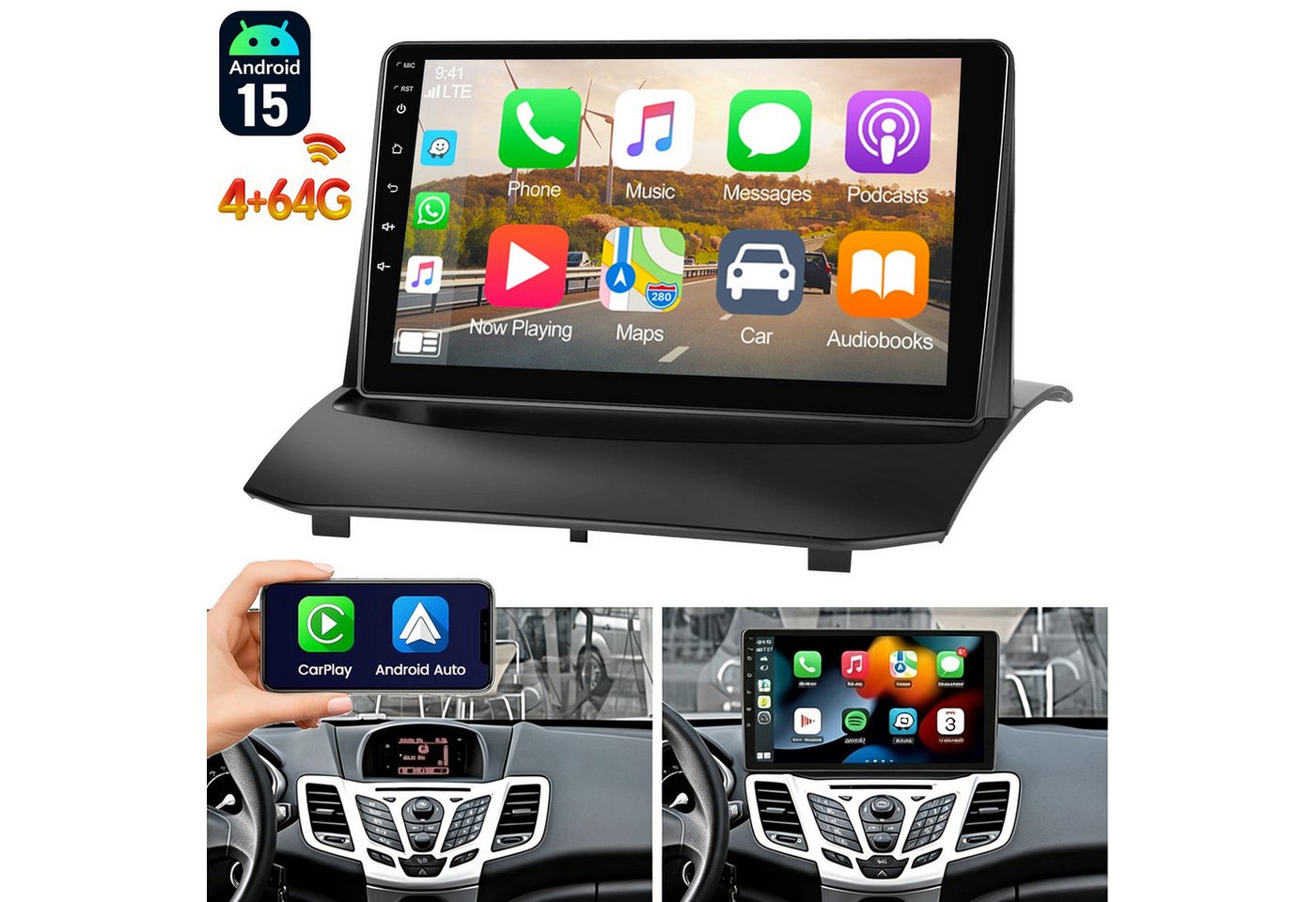 ESSGOO DAB+ Android 15 Autoradio GPS Navi WIFI Für Ford Fiesta MK6 2009-2017 Autoradio (4+64GB(optional), FM, AM, DAB+ (optional), Apple Carplay & Android Auto,Bluetooth EQ USB Touchscreen SWC)
