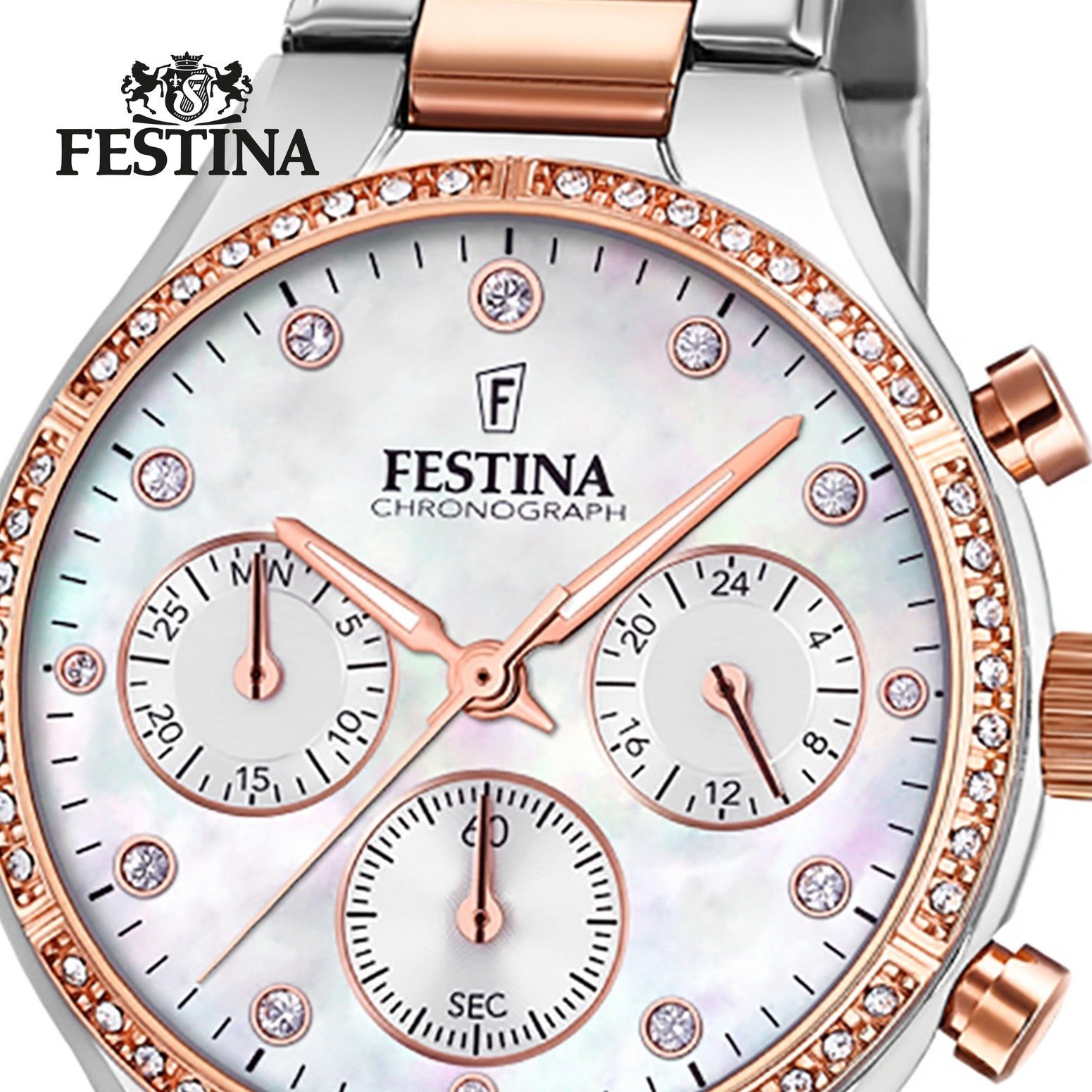 Festina Chronograph Festina Damen Uhr F20403/1 Edelstahl, (Chronograph), Damen Armbanduhr rund, Edelstahlarmband silber, rose