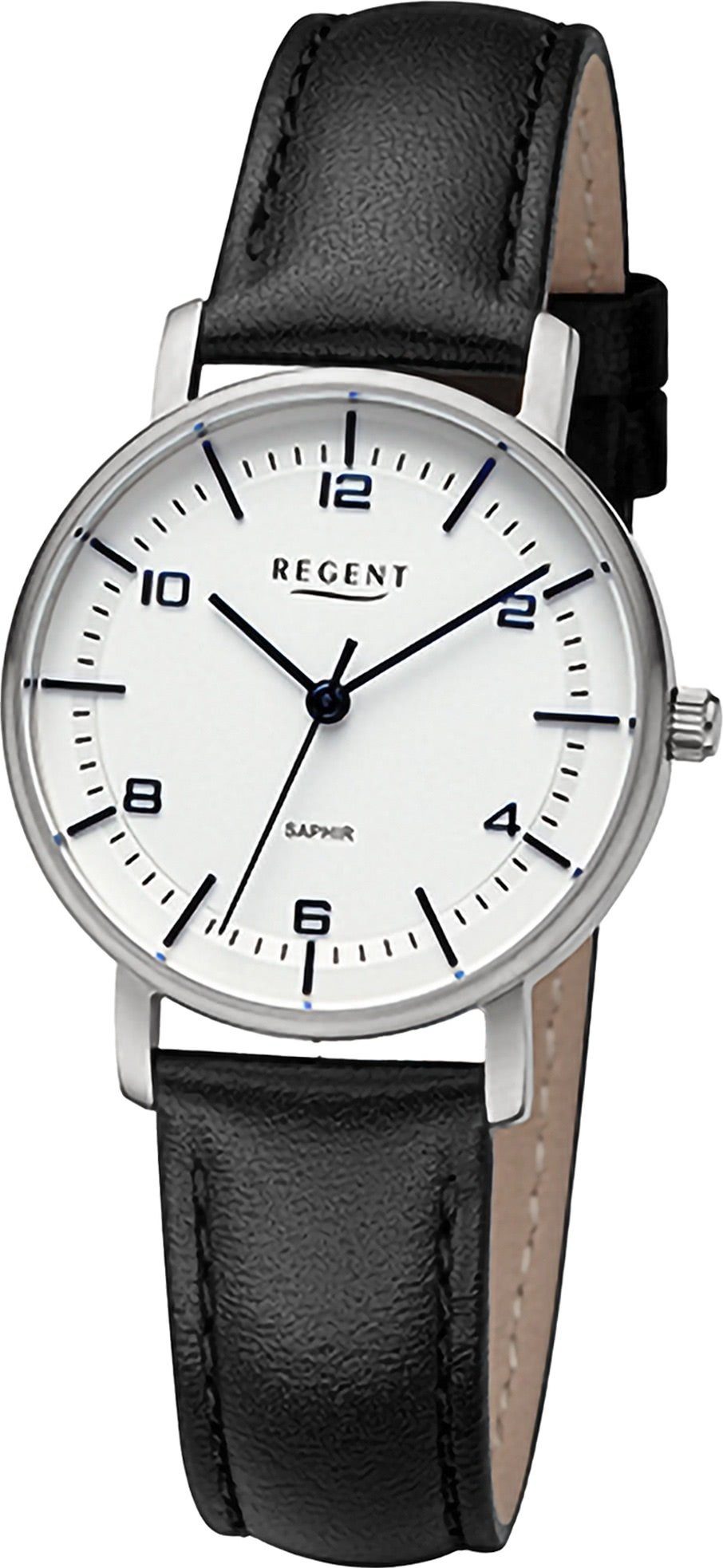 Regent Quarzuhr Regent Damen Armbanduhr Analog, Damenuhr Lederarmband schwarz, rundes Gehäuse, extra groß (ca. 32mm)