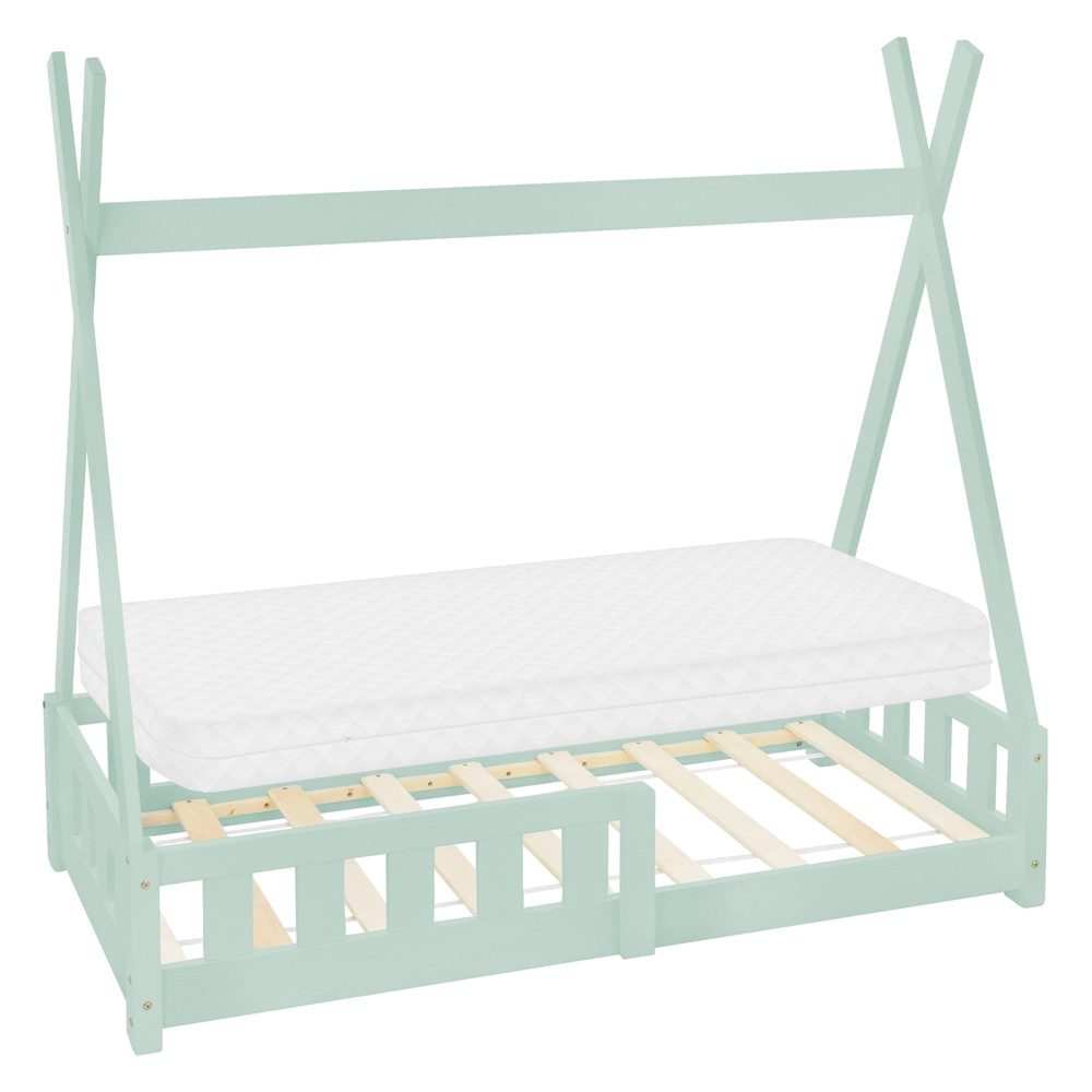 ML-DESIGN Spielbett Hausbett Tipi Zeltbett inkl. Lattenrost Bodenbett Kinder Himmelbett, Abenteuerbett mit Rausfallschutz Zelt Bett Kiefer Mint Kinderhaus