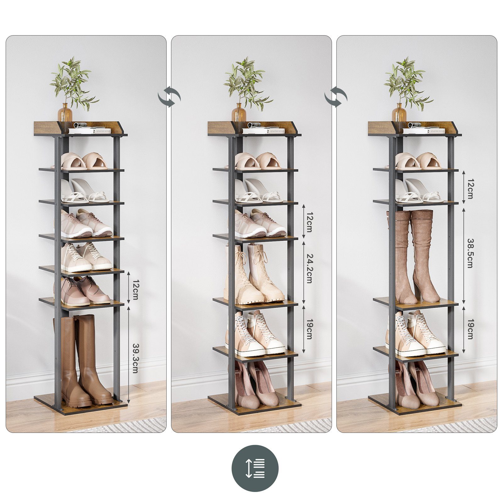 Vertikales Holz, 28 Mondeer Rustikal 7-stöckiges, Schuhschrank, x 113 Braun Schuhregal Metallgestell, x Schuhregal, cm, 28
